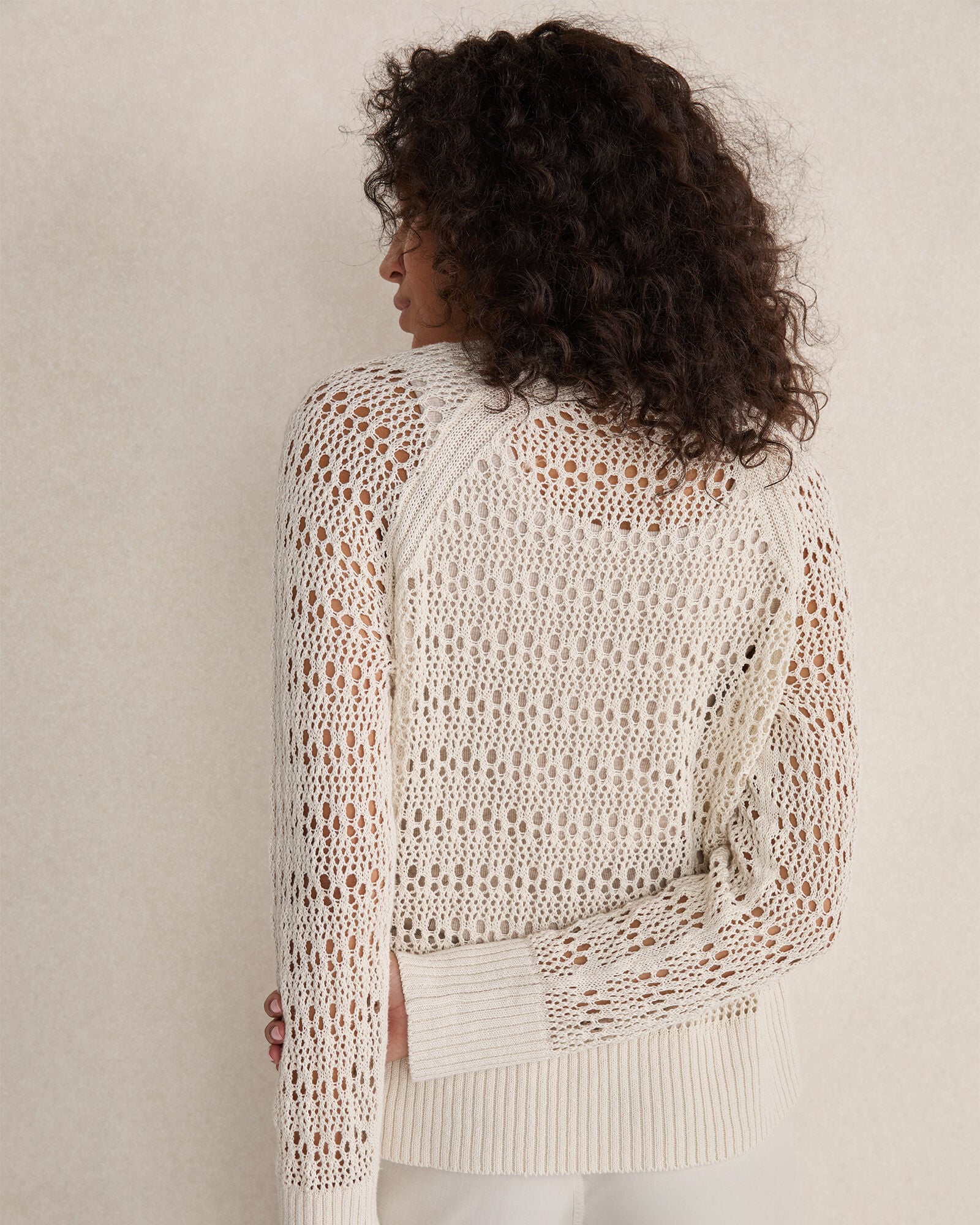 FULL MOON|OLIVE ORGANIC COTTON LINEN OPEN STITCH CREWNECK SWEATER | Talbots discount