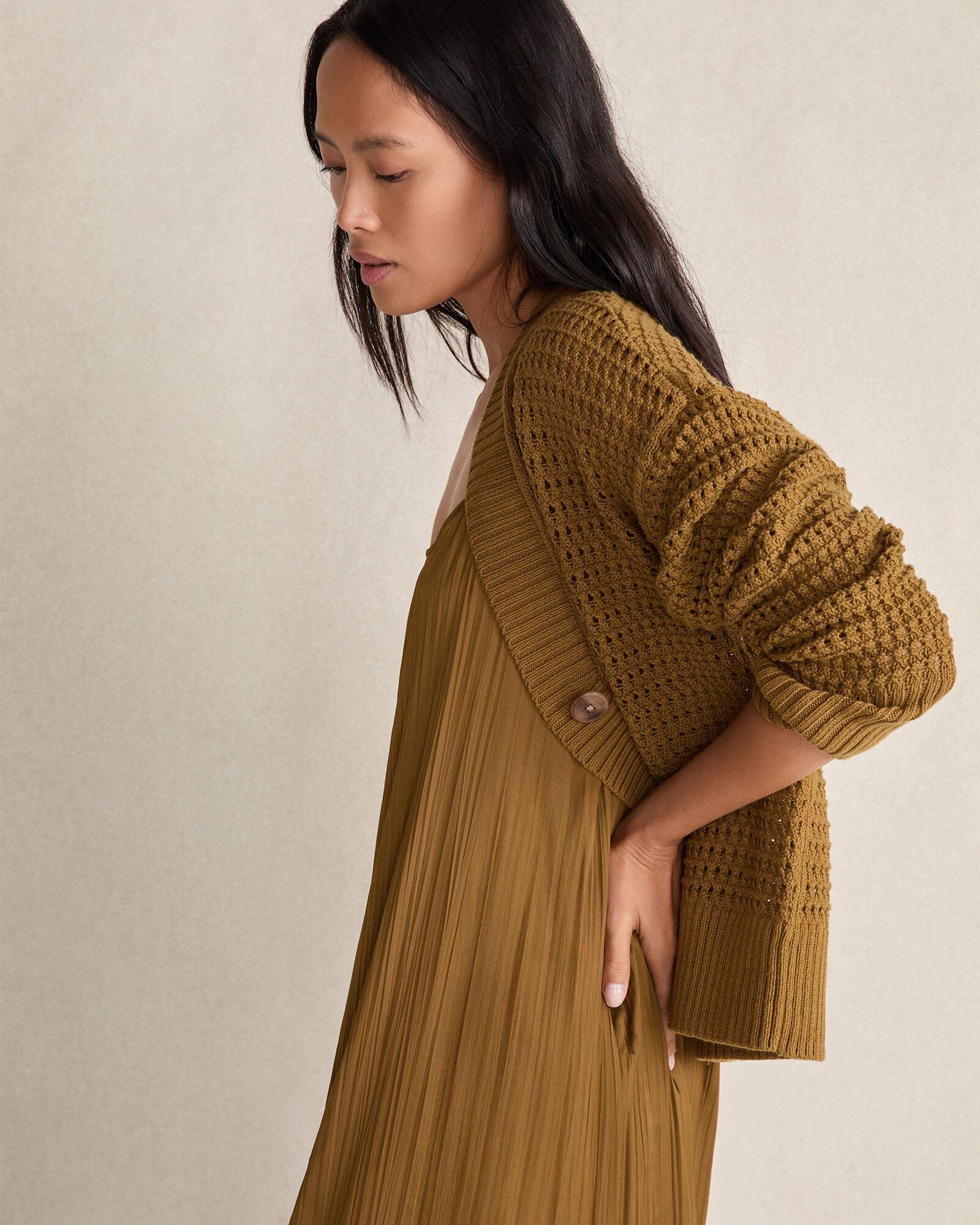 DRIED MOSS|FULL MOON ORGANIC COTTON OPEN STITCH CARDIGAN | Talbots online