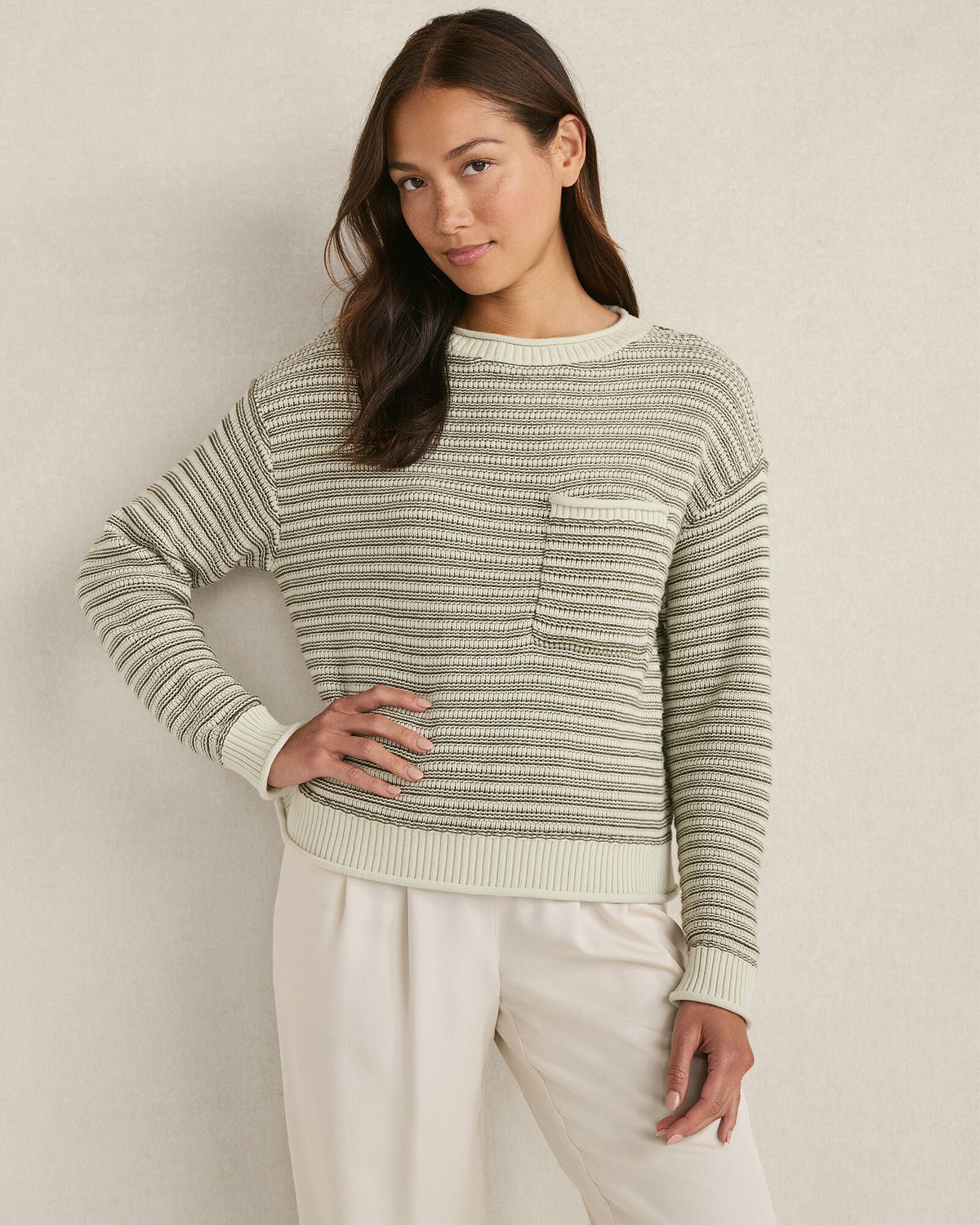 OLIVE/SAGE MARL ORGANIC COTTON LINEAR STITCH CREWNECK SWEATER | Talbots for sale