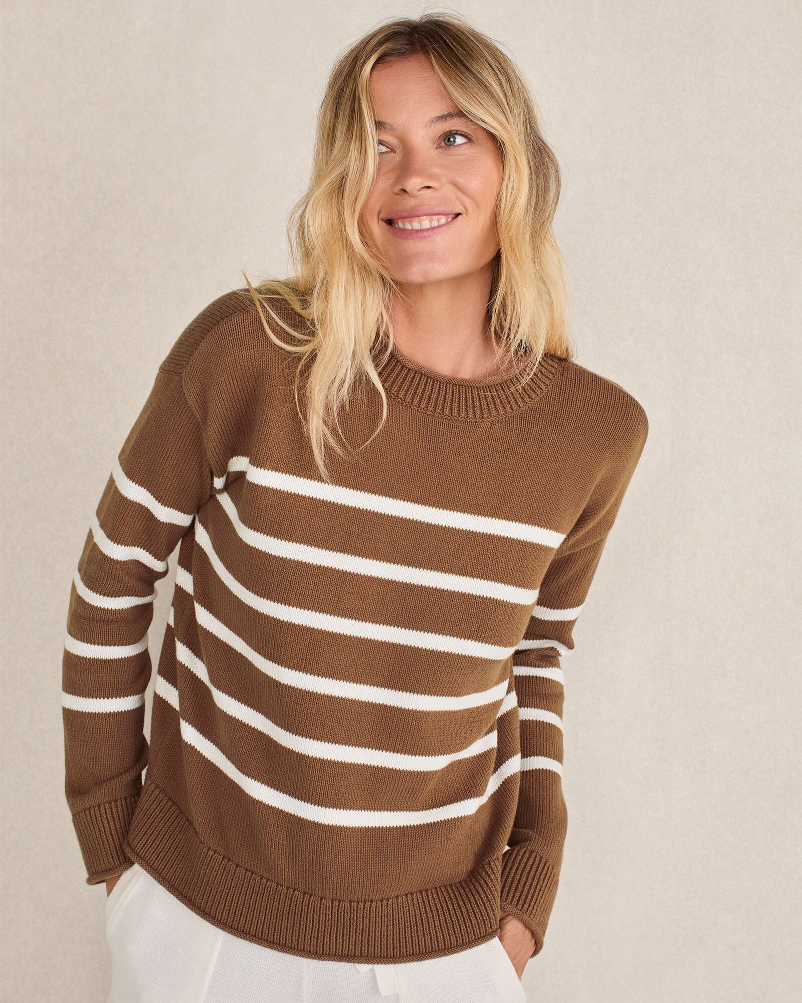 CARIBOU/IVORY|IVORY/TULE FOG|STEEL BLUE/STREAM ORGANIC COTTON STRIPE ROLL NECK SWEATER | Talbots for sale