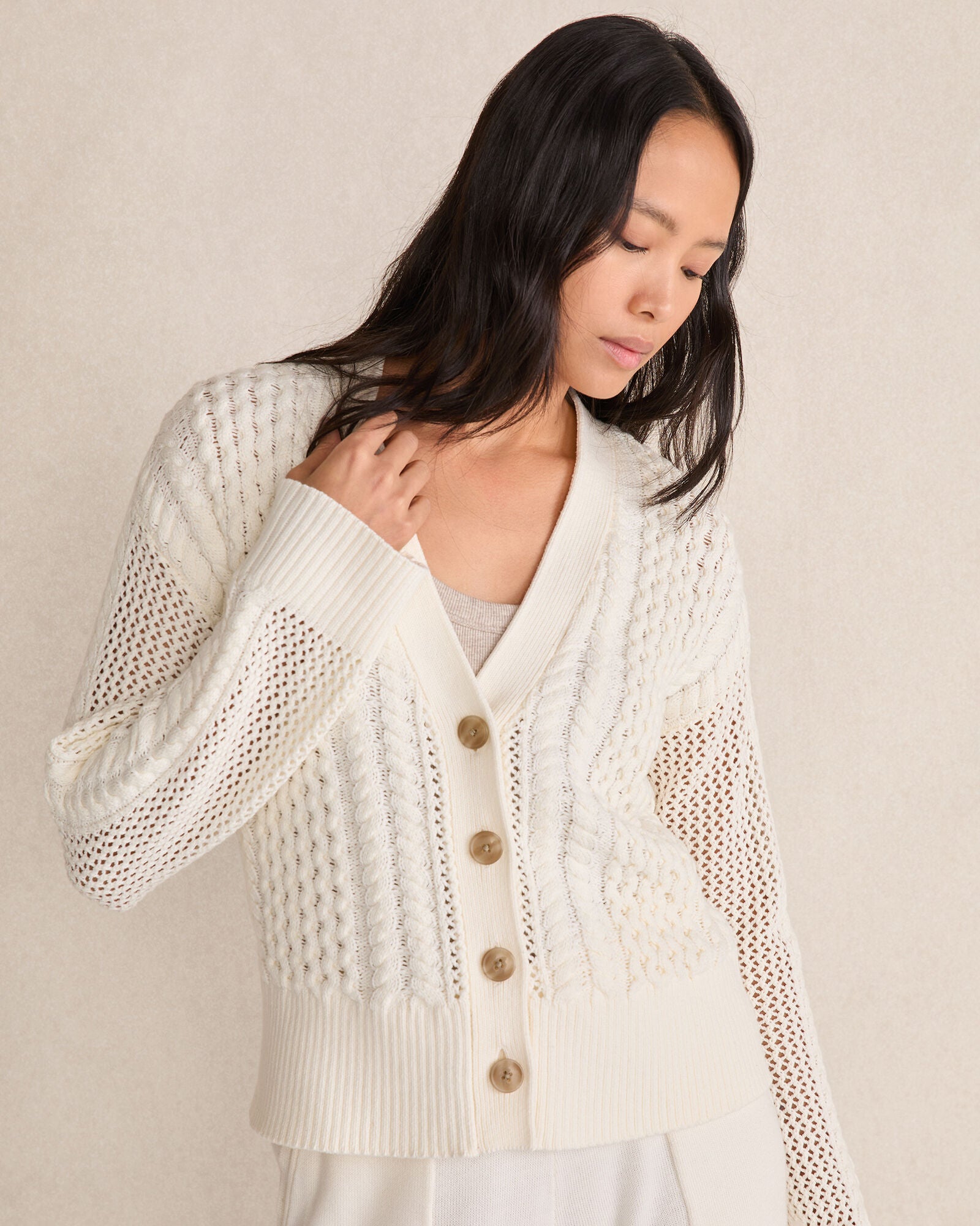 CHALET|IVORY|NIGHTSHADOW COTTON BLEND MIXED STITCH CARDIGAN | Talbots near me