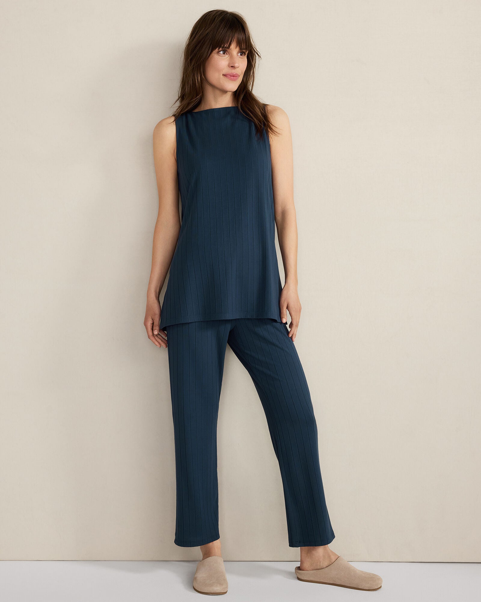 STEEL BLUE RIBBED BATEAU NECK SLEEVELESS TOP | Talbots outlet