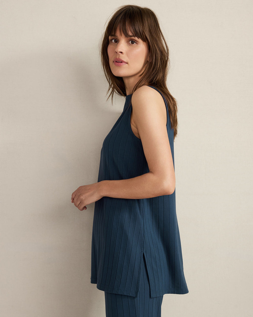 STEEL BLUE RIBBED BATEAU NECK SLEEVELESS TOP | Talbots outlet