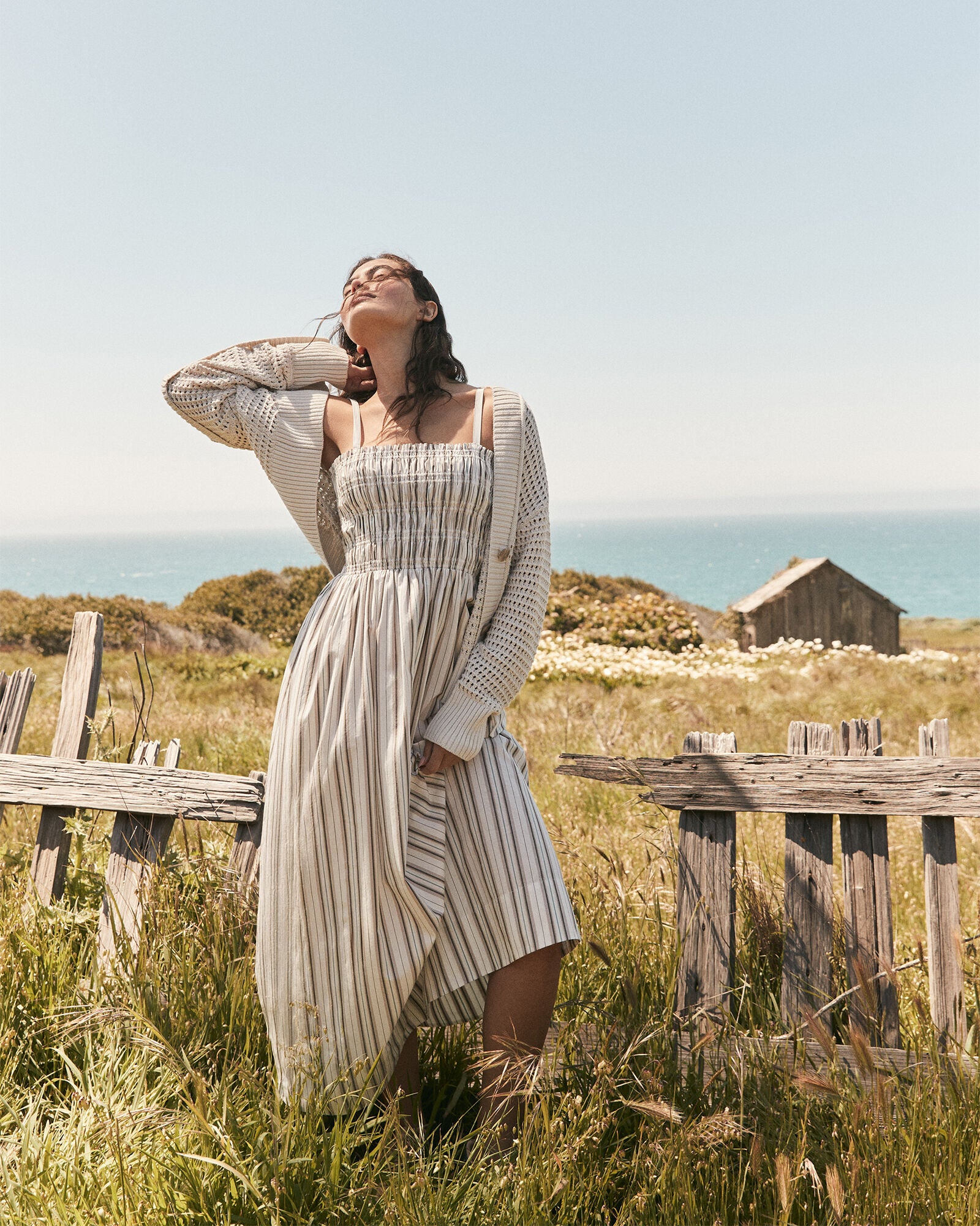 IVORY/TULE FOG STRIPE ORGANIC COTTON POPLIN SMOCKED MIDI DRESS | Talbots online