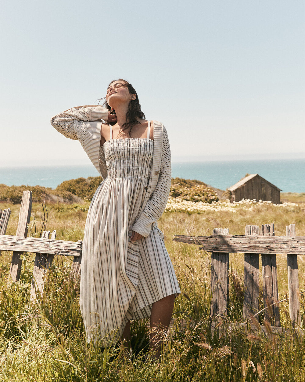 IVORY/TULE FOG STRIPE ORGANIC COTTON POPLIN SMOCKED MIDI DRESS | Talbots online