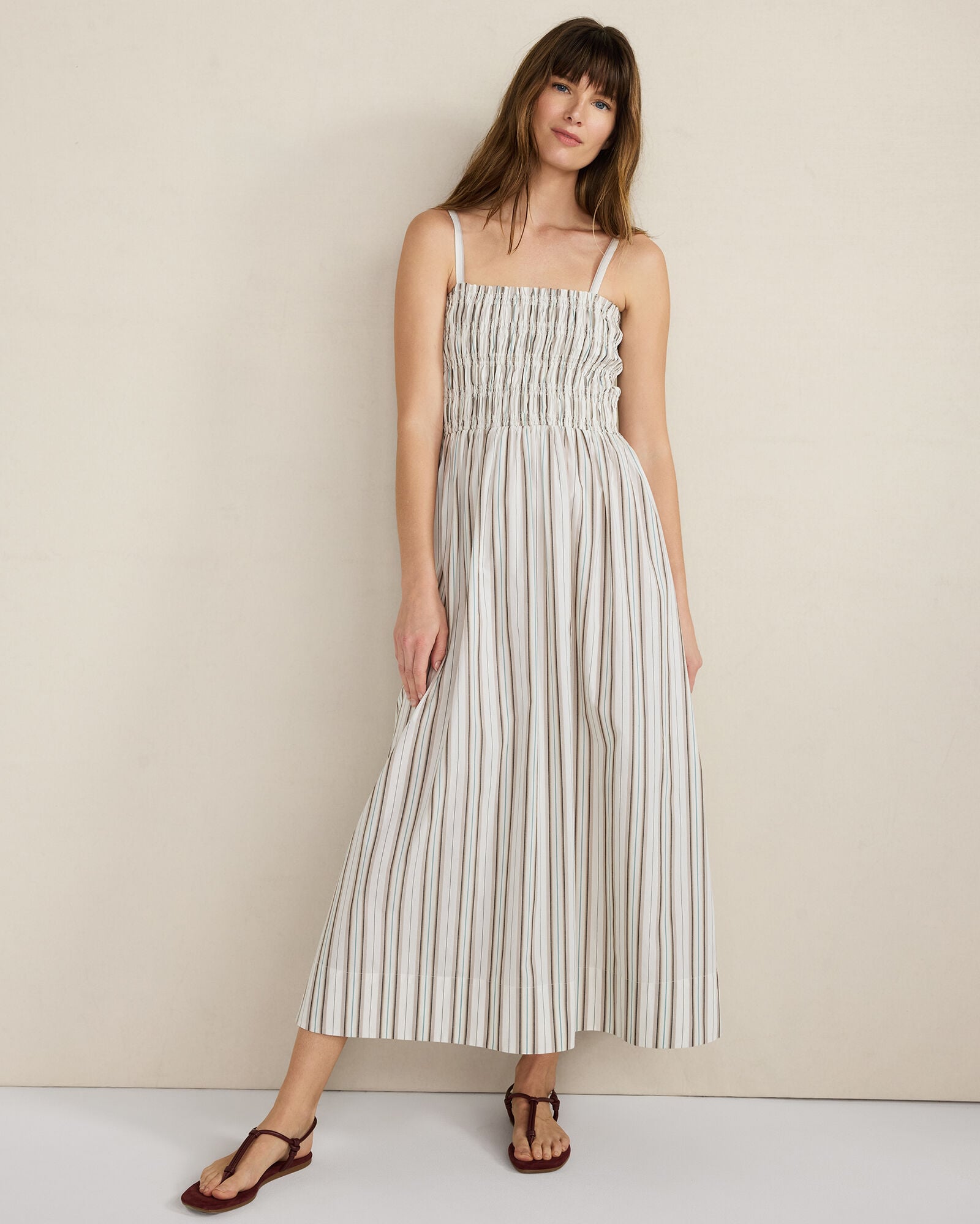 IVORY/TULE FOG STRIPE ORGANIC COTTON POPLIN SMOCKED MIDI DRESS | Talbots online