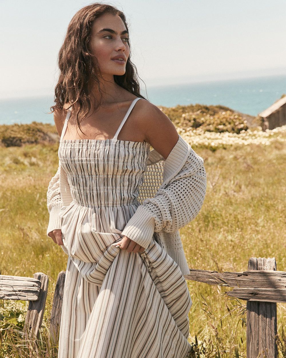IVORY/TULE FOG STRIPE ORGANIC COTTON POPLIN SMOCKED MIDI DRESS | Talbots online