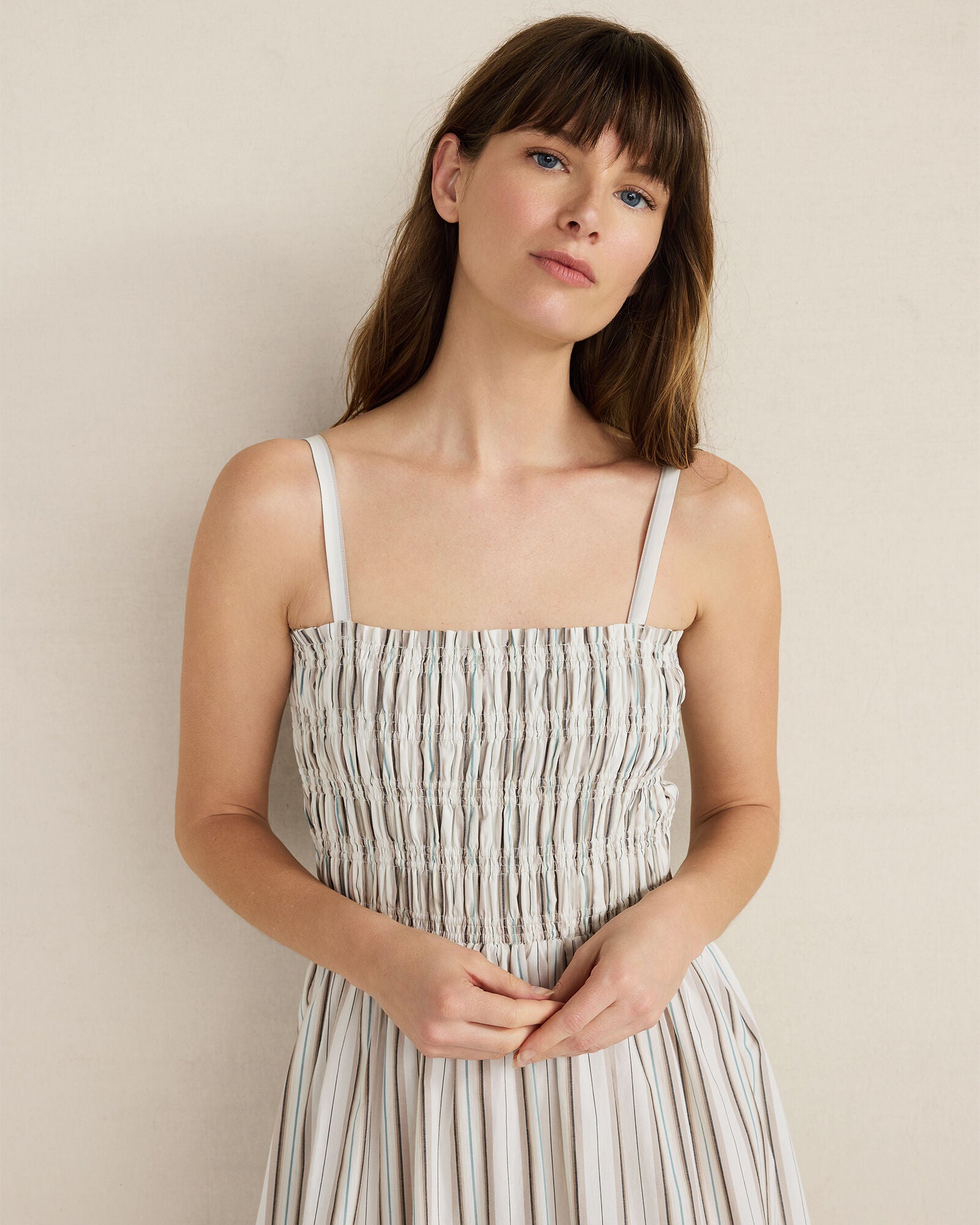 IVORY/TULE FOG STRIPE ORGANIC COTTON POPLIN SMOCKED MIDI DRESS | Talbots online
