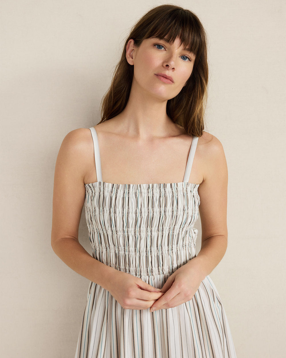 IVORY/TULE FOG STRIPE ORGANIC COTTON POPLIN SMOCKED MIDI DRESS | Talbots online