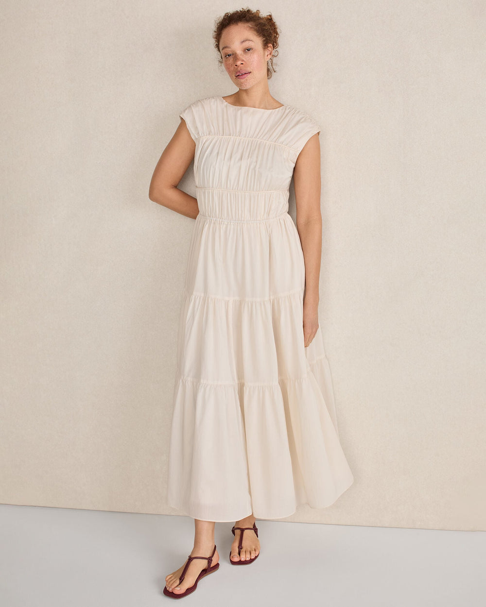 FRESHWATER PEARL COTTON VOILE ROUCHED MAXI DRESS | Talbots outlet