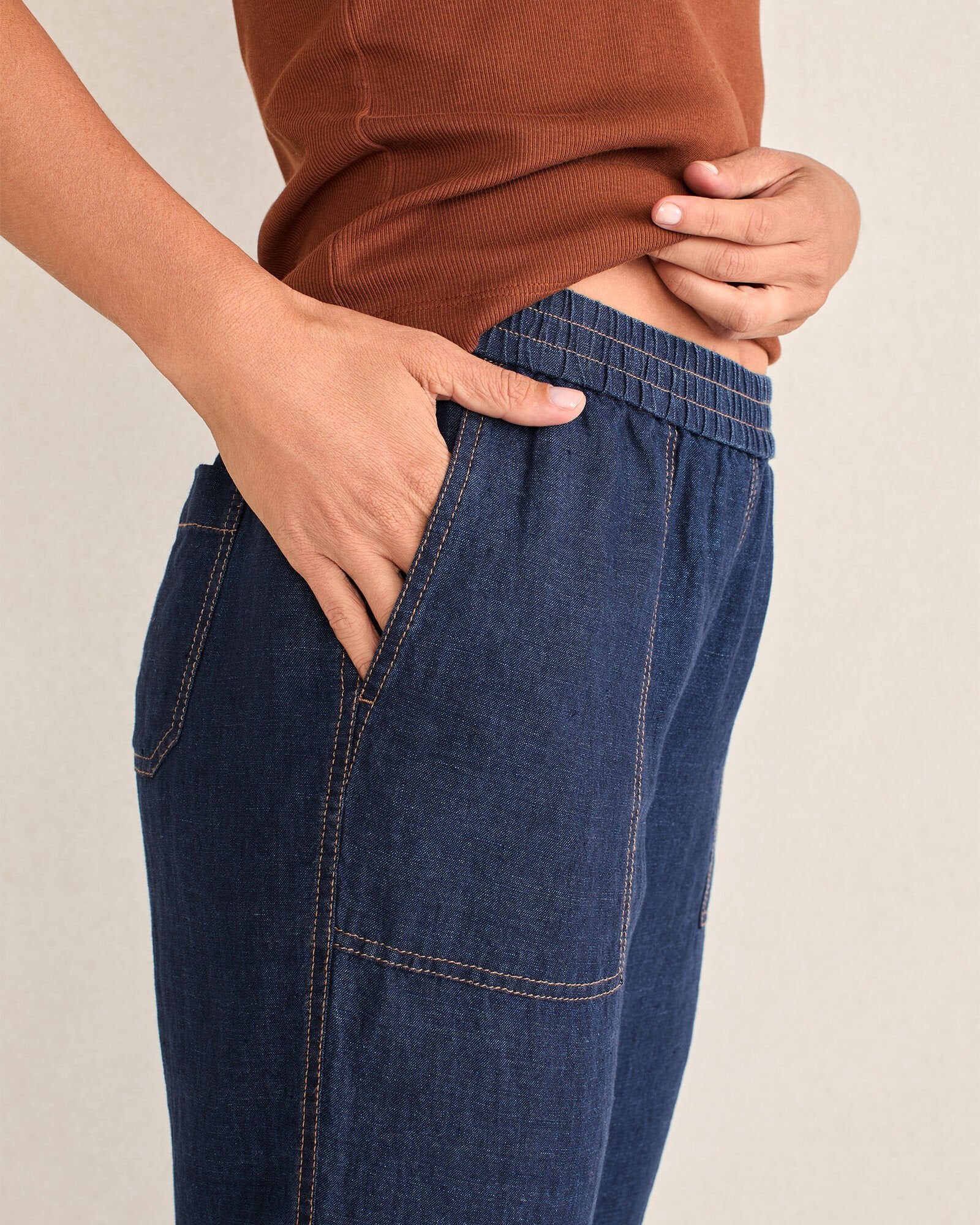 DELAVE NAVY LINEN BARREL LEG PANTS | Talbots sale