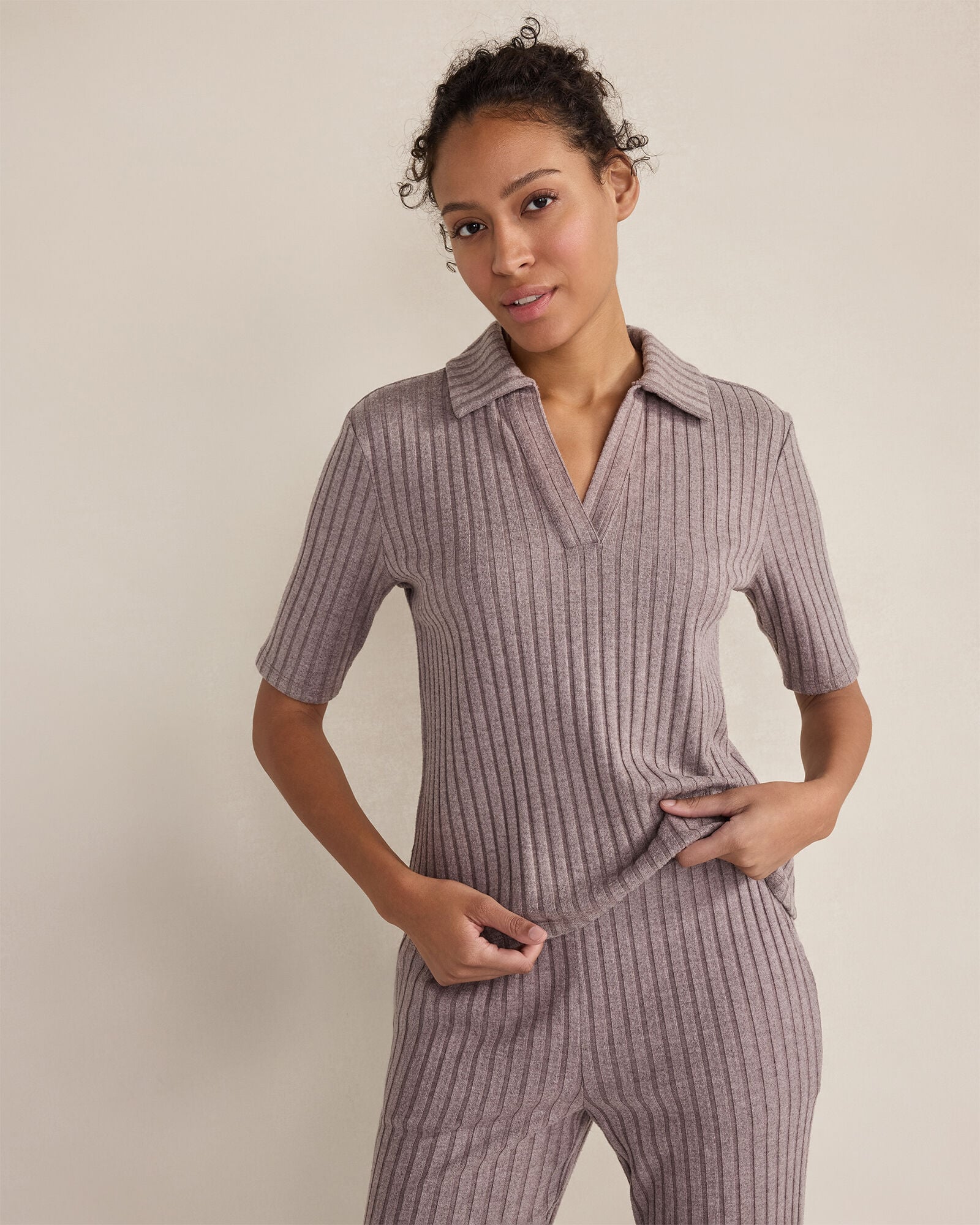 BLACKCURRANT HTHR|FOG HTHR WIDE RIB KNIT JOHNNY COLLAR TOP | Talbots sale