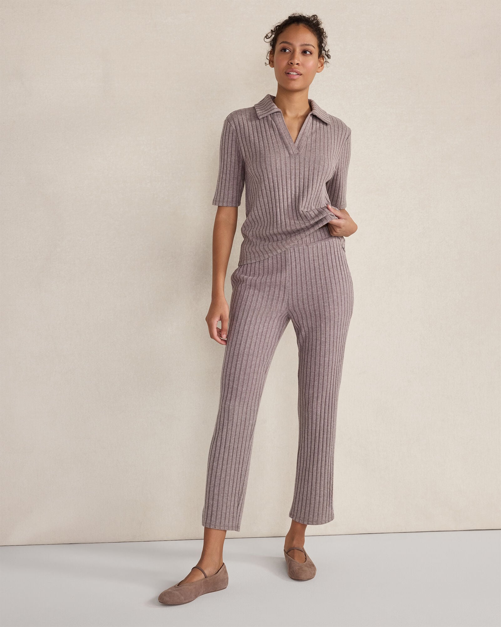 BLACKCURRANT HTHR|FOG HTHR WIDE RIB KNIT JOHNNY COLLAR TOP | Talbots sale