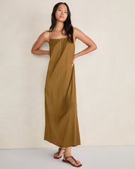 DRIED MOSS SILKY PLEATED MAXI DRESS | Talbots on sale