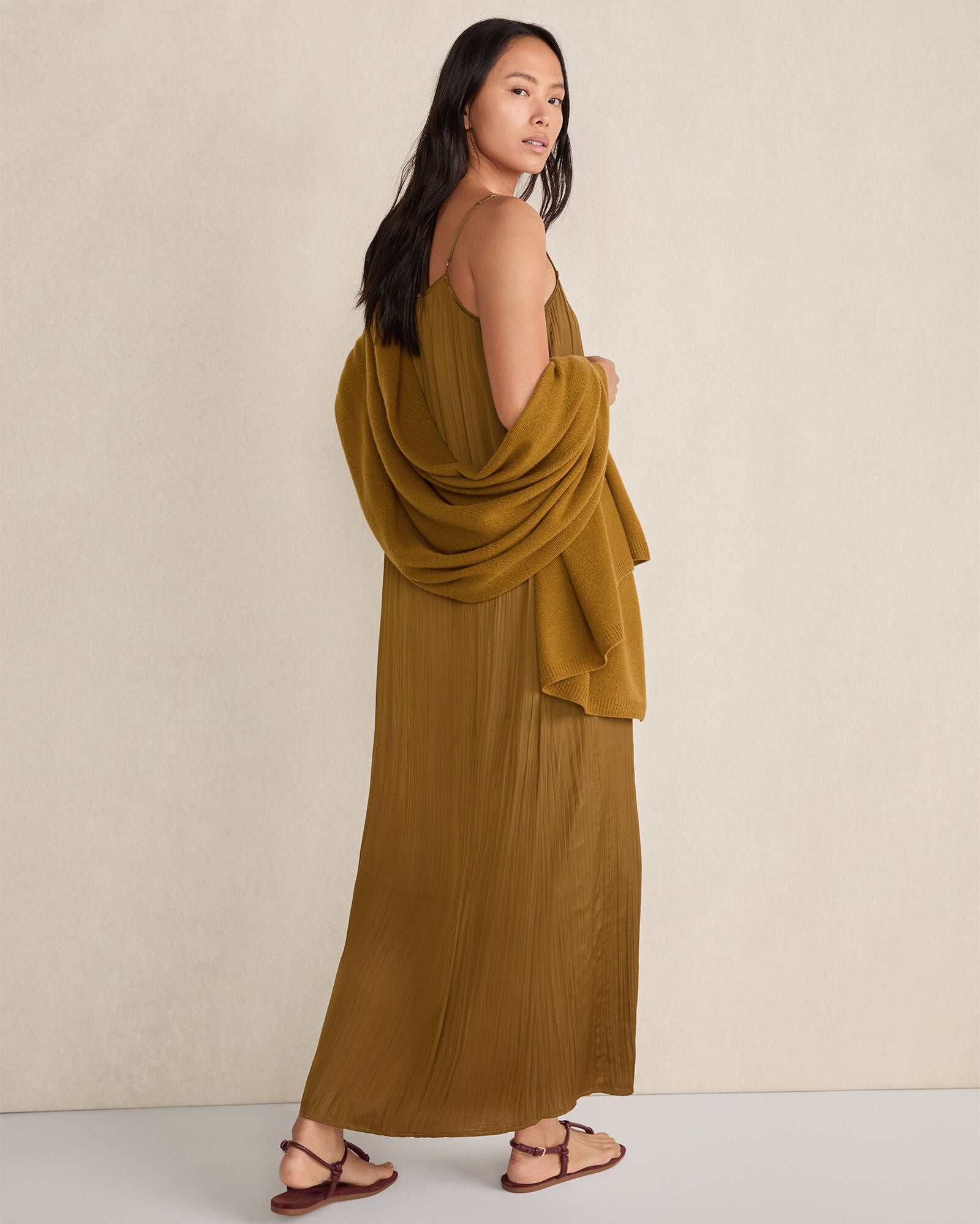 DRIED MOSS SILKY PLEATED MAXI DRESS | Talbots on sale