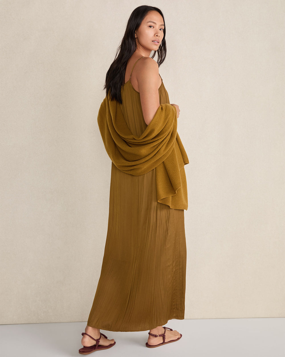 DRIED MOSS SILKY PLEATED MAXI DRESS | Talbots on sale