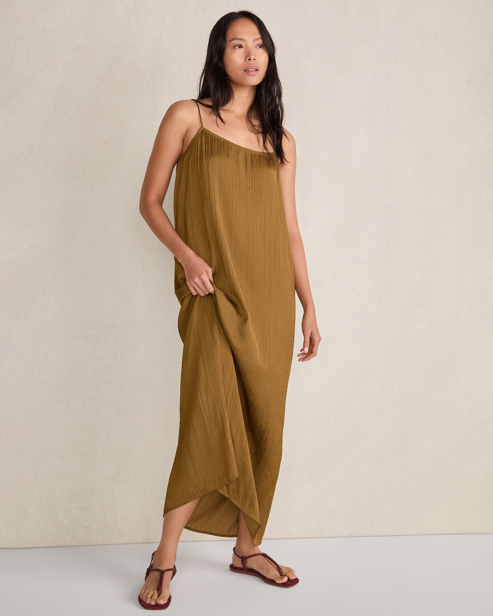 DRIED MOSS SILKY PLEATED MAXI DRESS | Talbots on sale
