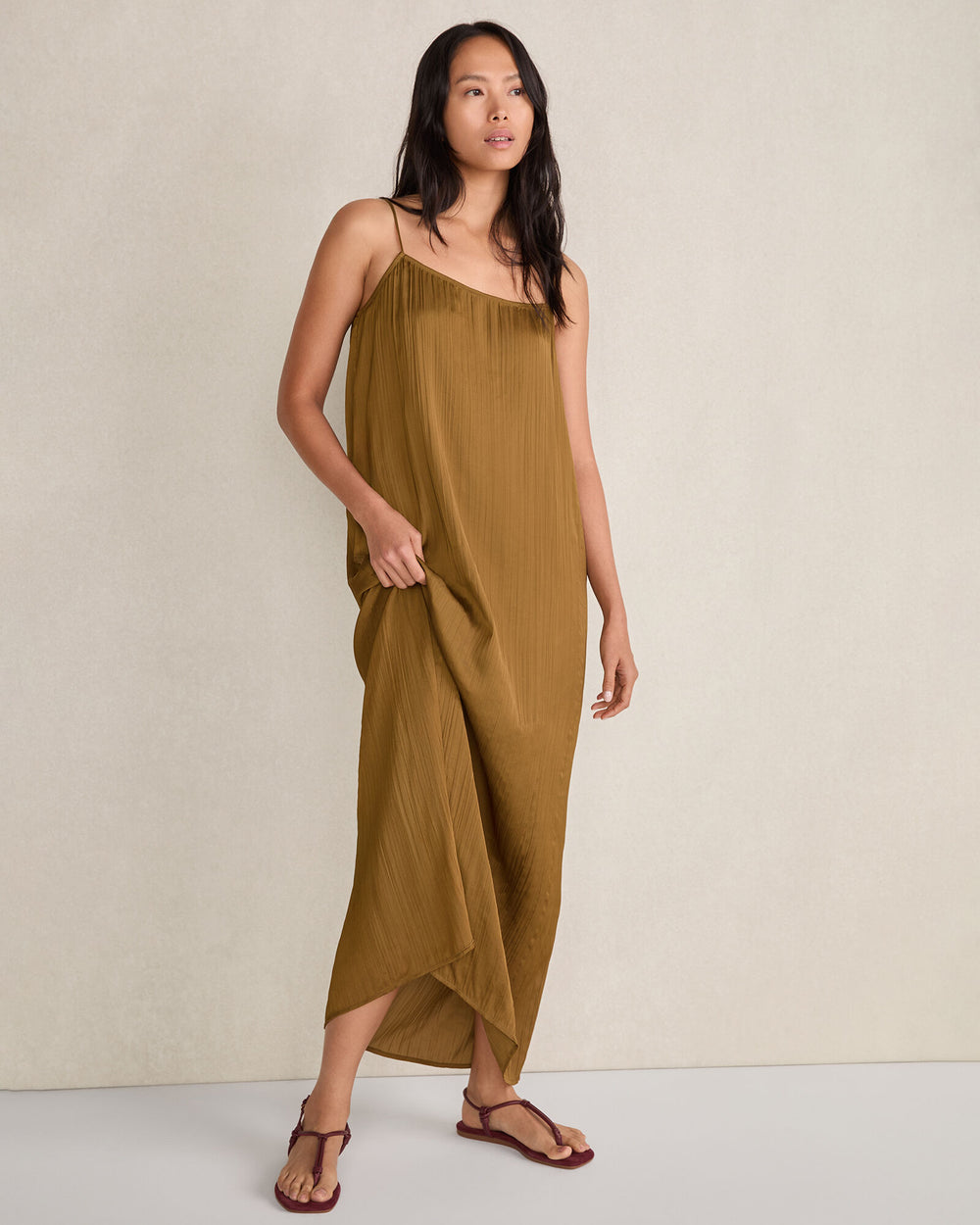 DRIED MOSS SILKY PLEATED MAXI DRESS | Talbots on sale