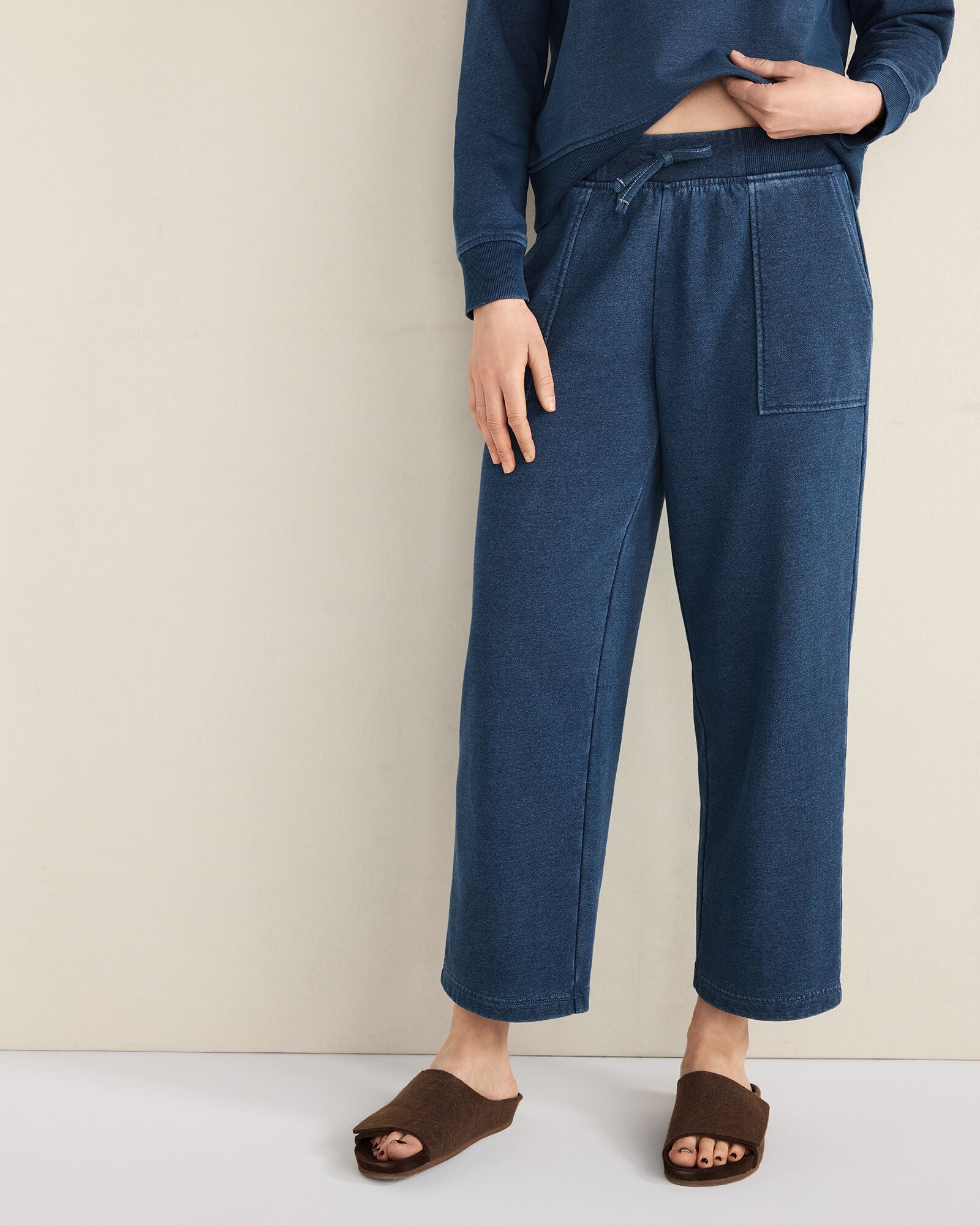 DK WASH INDIGO WASHED COTTON FLEECE STRAIGHT LEG PANTS | Talbots sale