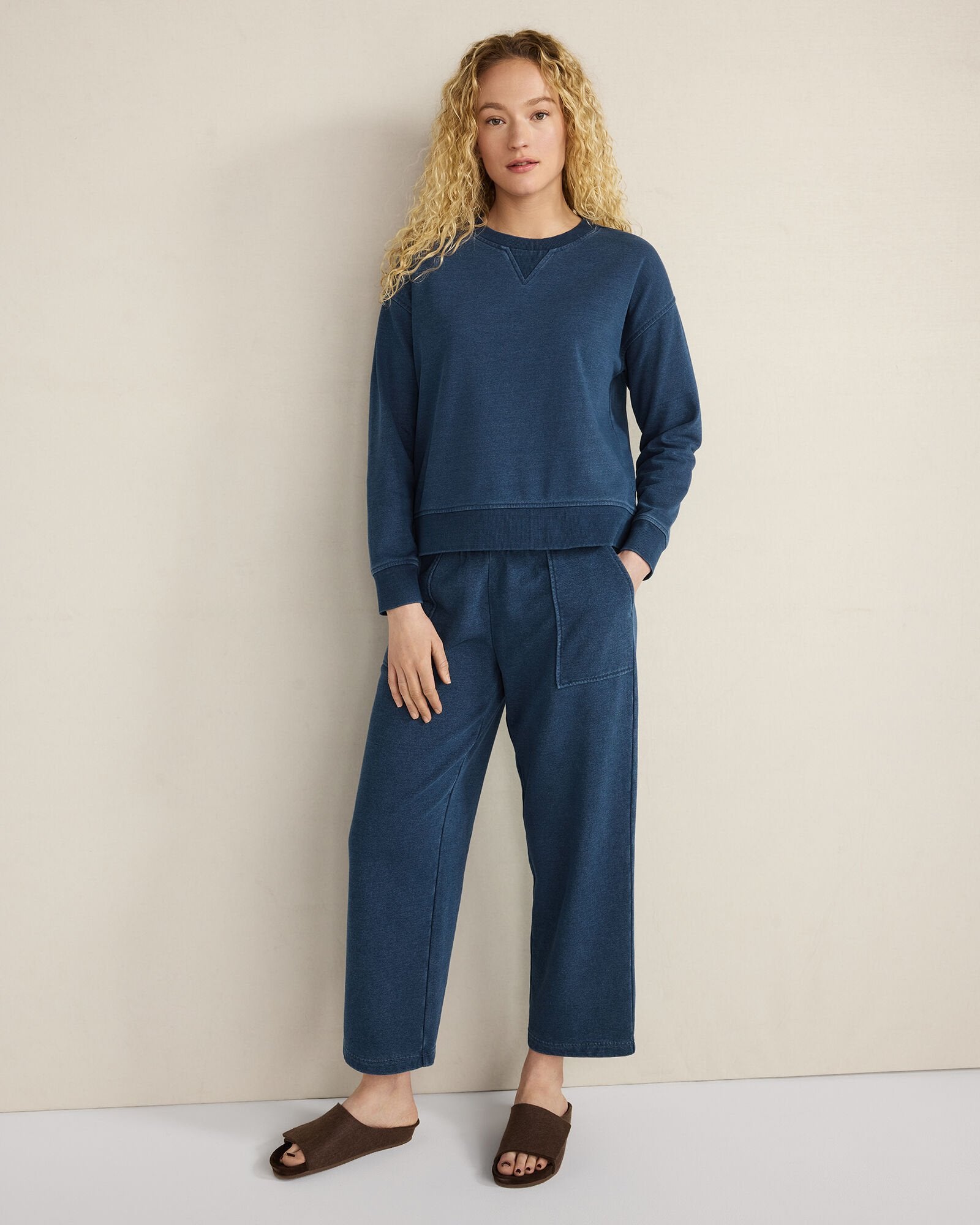 DK WASH INDIGO WASHED COTTON FLEECE STRAIGHT LEG PANTS | Talbots sale