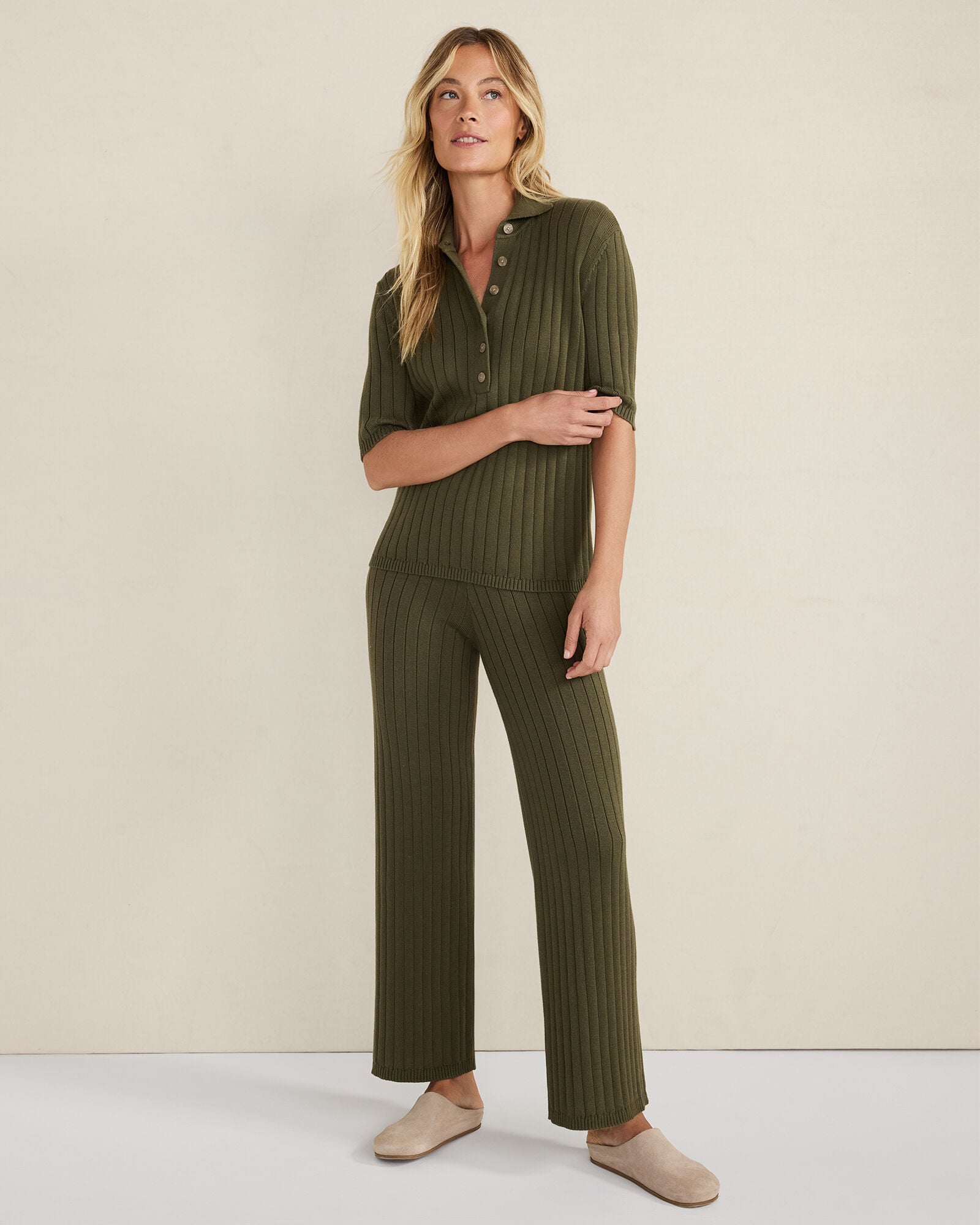 FULL MOON|OLIVE ORGANIC COTTON RIBBED STRAIGHT LEG PANTS | Talbots on sale