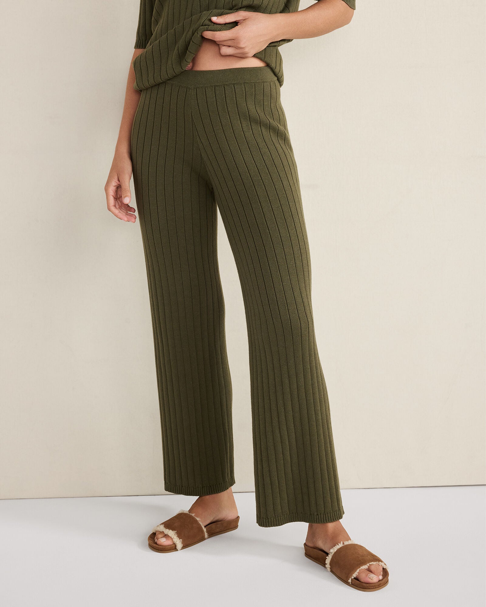 FULL MOON|OLIVE ORGANIC COTTON RIBBED STRAIGHT LEG PANTS | Talbots on sale