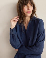 DELAVE NAVY LINEN COLLARED LONG SLEEVE TOP | Talbots outlet