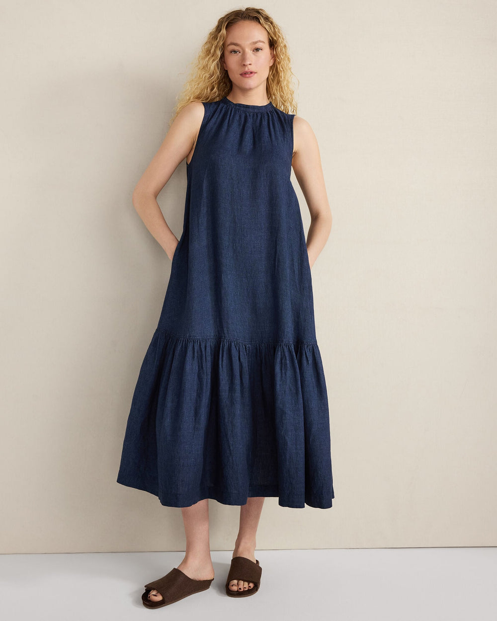DELAVE NAVY LINEN TIERED MIDI DRESS | Talbots for sale