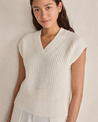 IVORY|STEEL BLUE|TULE FOG ORGANIC COTTON LINEN SHAKER STITCH V-NECK SWEATER | Talbots sale