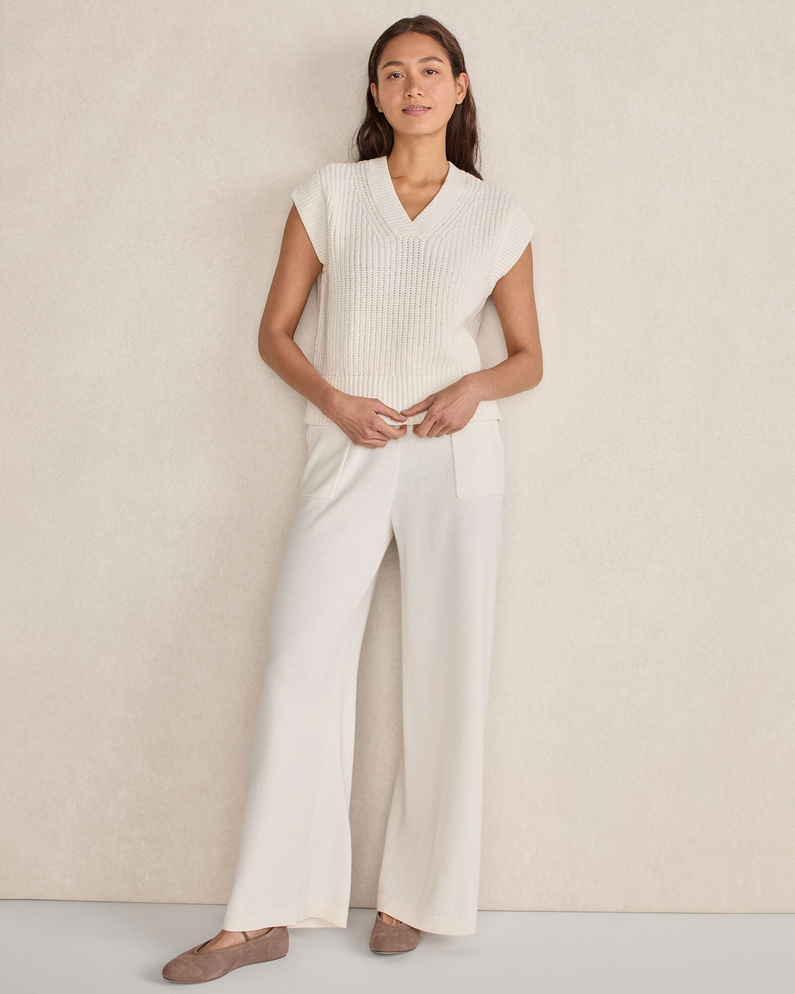 IVORY|STEEL BLUE|TULE FOG ORGANIC COTTON LINEN SHAKER STITCH V-NECK SWEATER | Talbots sale