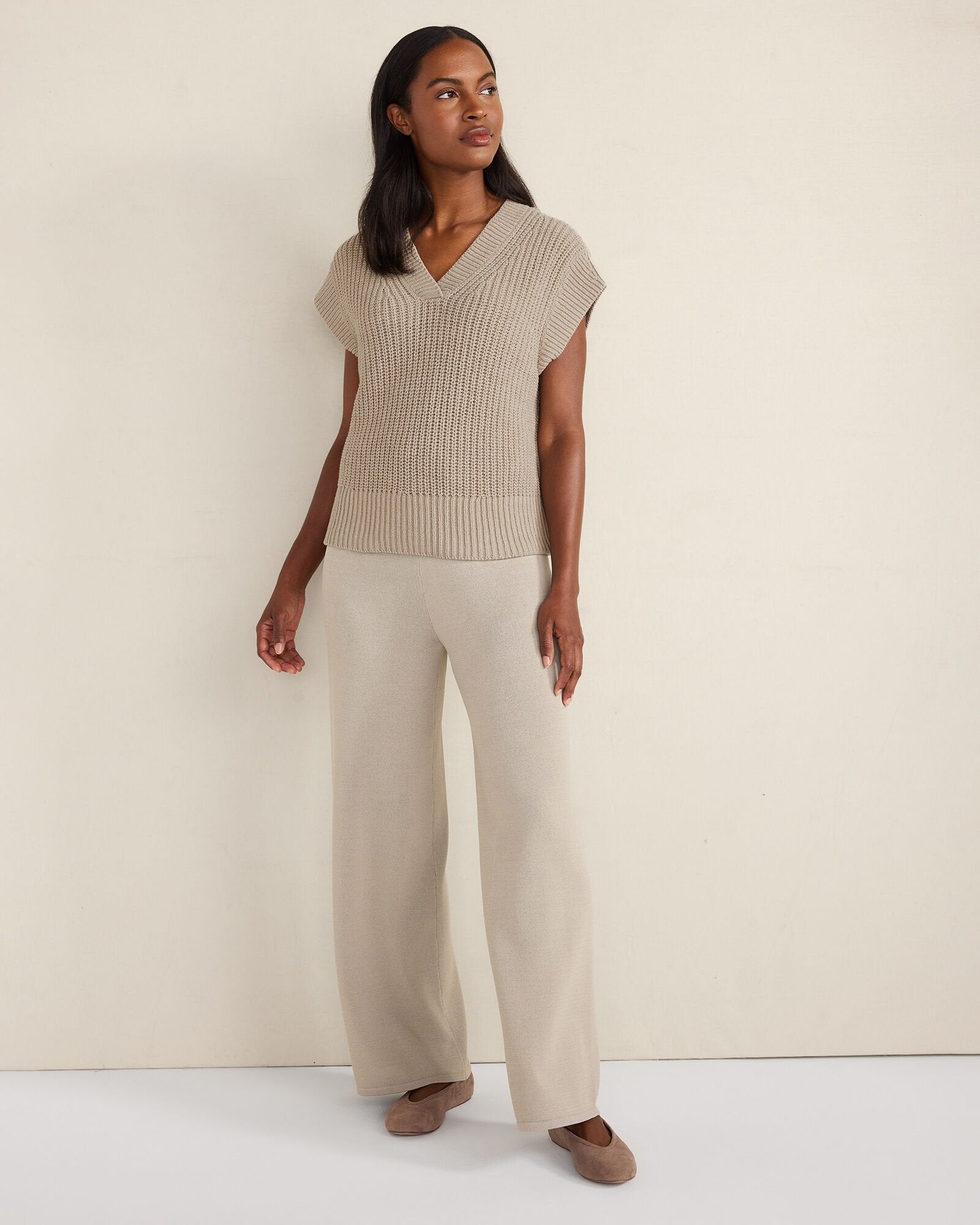 IVORY|STEEL BLUE|TULE FOG ORGANIC COTTON LINEN SHAKER STITCH V-NECK SWEATER | Talbots sale