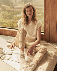 IVORY|STEEL BLUE|TULE FOG ORGANIC COTTON LINEN SHAKER STITCH V-NECK SWEATER | Talbots sale