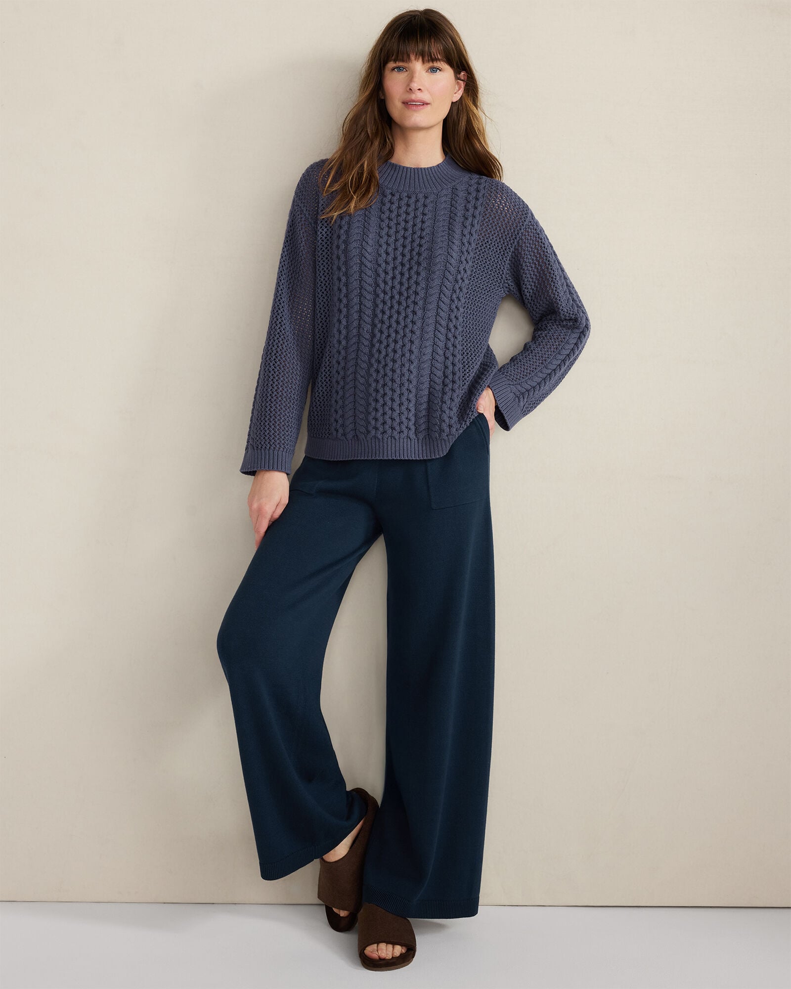 CHALET|IVORY|NIGHTSHADOW COTTON BLEND MIXED STITCH CREWNECK SWEATER | Talbots for sale