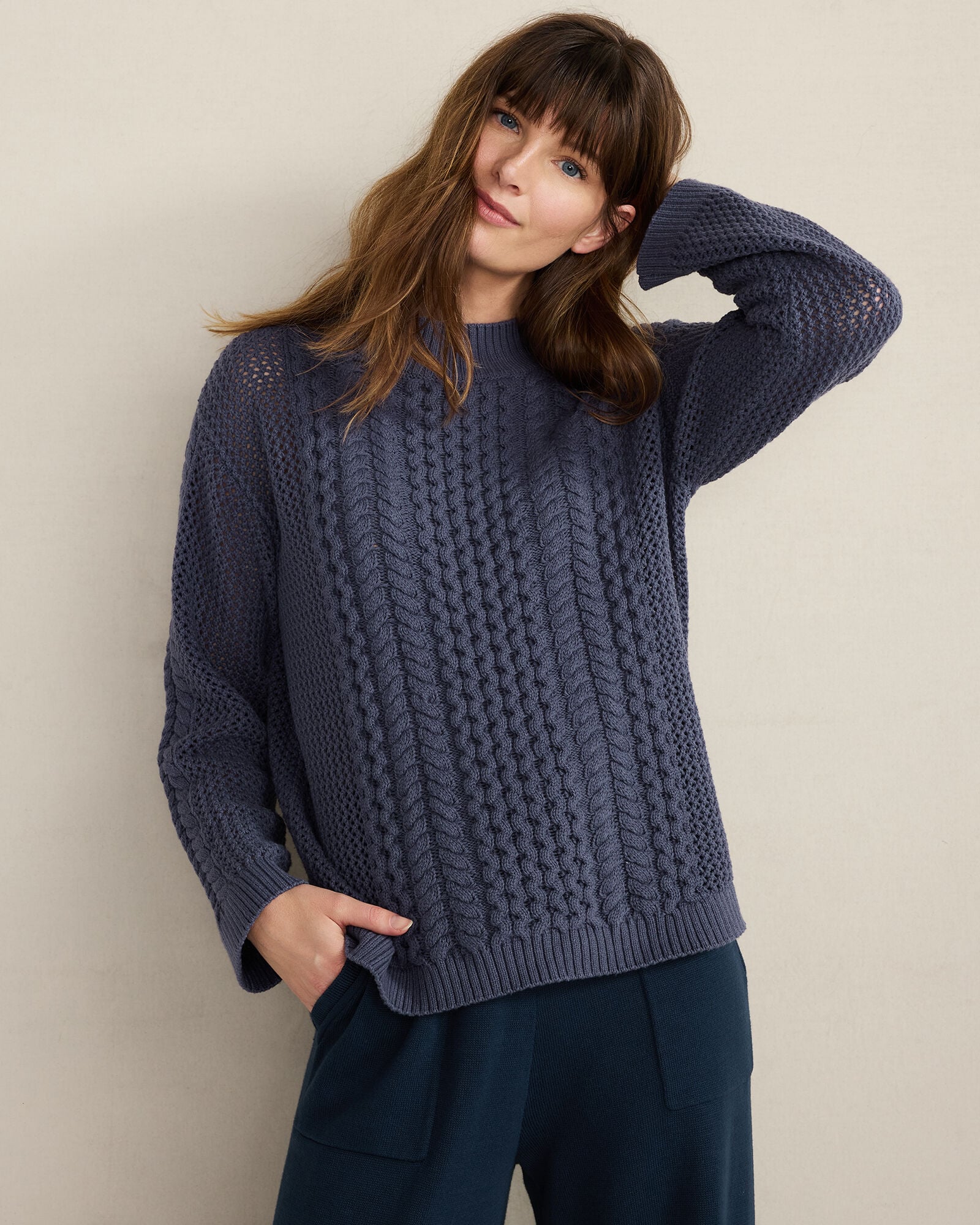 CHALET|IVORY|NIGHTSHADOW COTTON BLEND MIXED STITCH CREWNECK SWEATER | Talbots for sale
