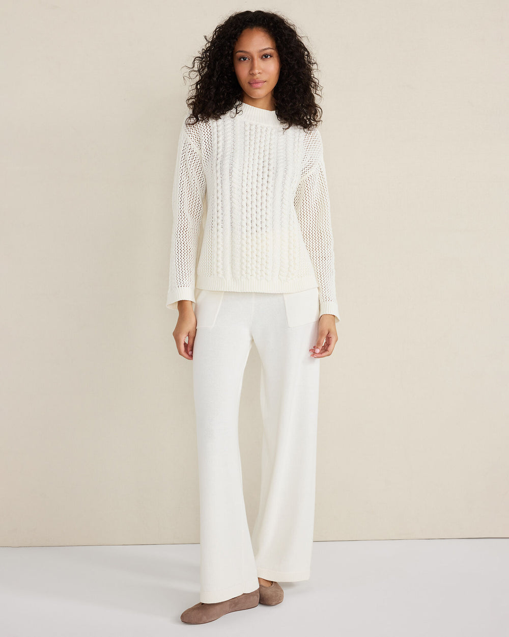 CHALET|IVORY|NIGHTSHADOW COTTON BLEND MIXED STITCH CREWNECK SWEATER | Talbots for sale