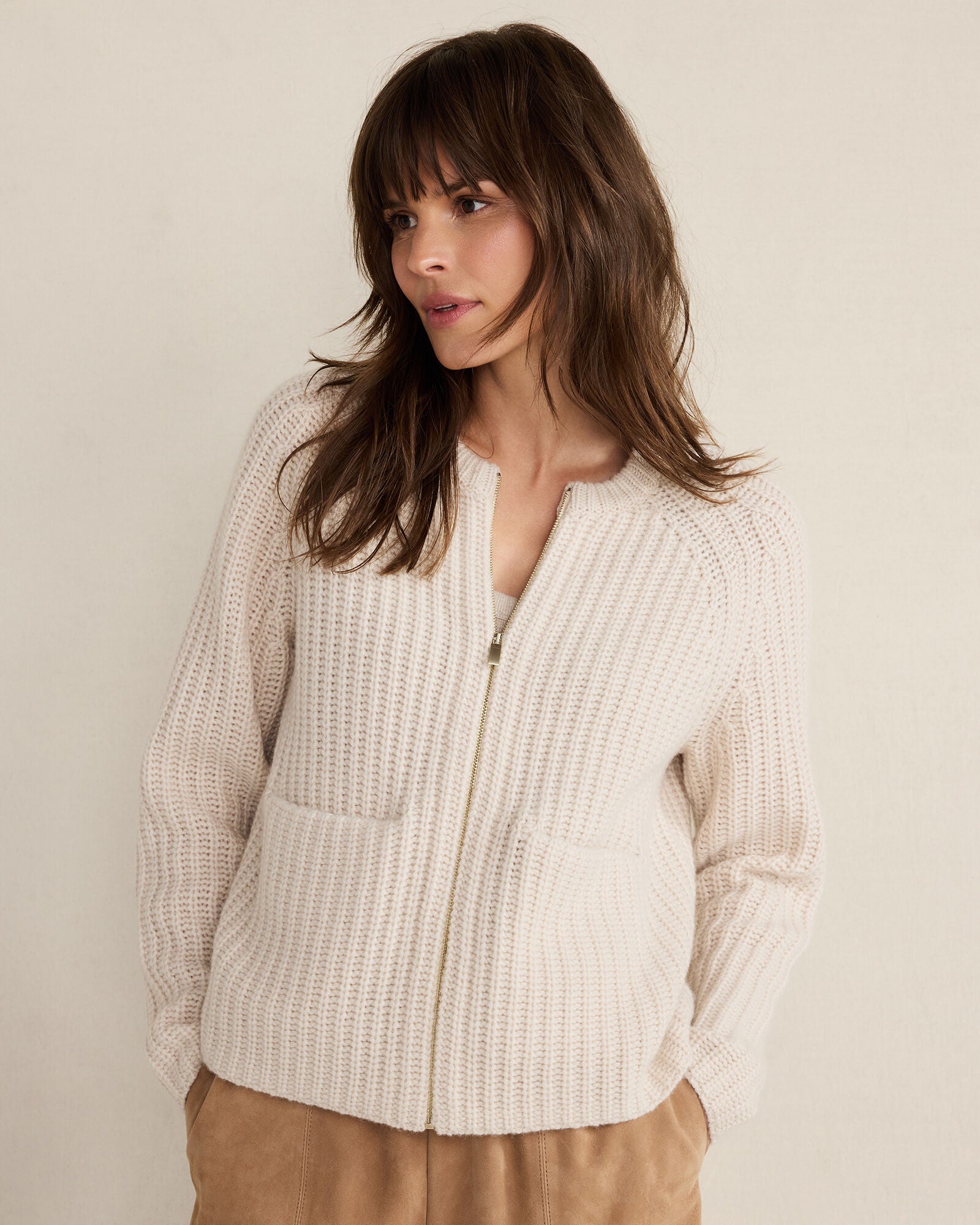 BLACKCURRANT HTHR|MEDIUM GREY HTHR|WHITE SAND CASHMERE ZIP FRONT BOMBER JACKET | Talbots online