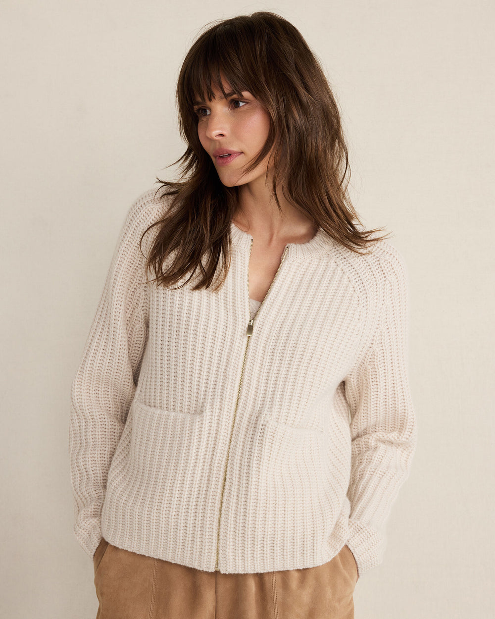 BLACKCURRANT HTHR|MEDIUM GREY HTHR|WHITE SAND CASHMERE ZIP FRONT BOMBER JACKET | Talbots online
