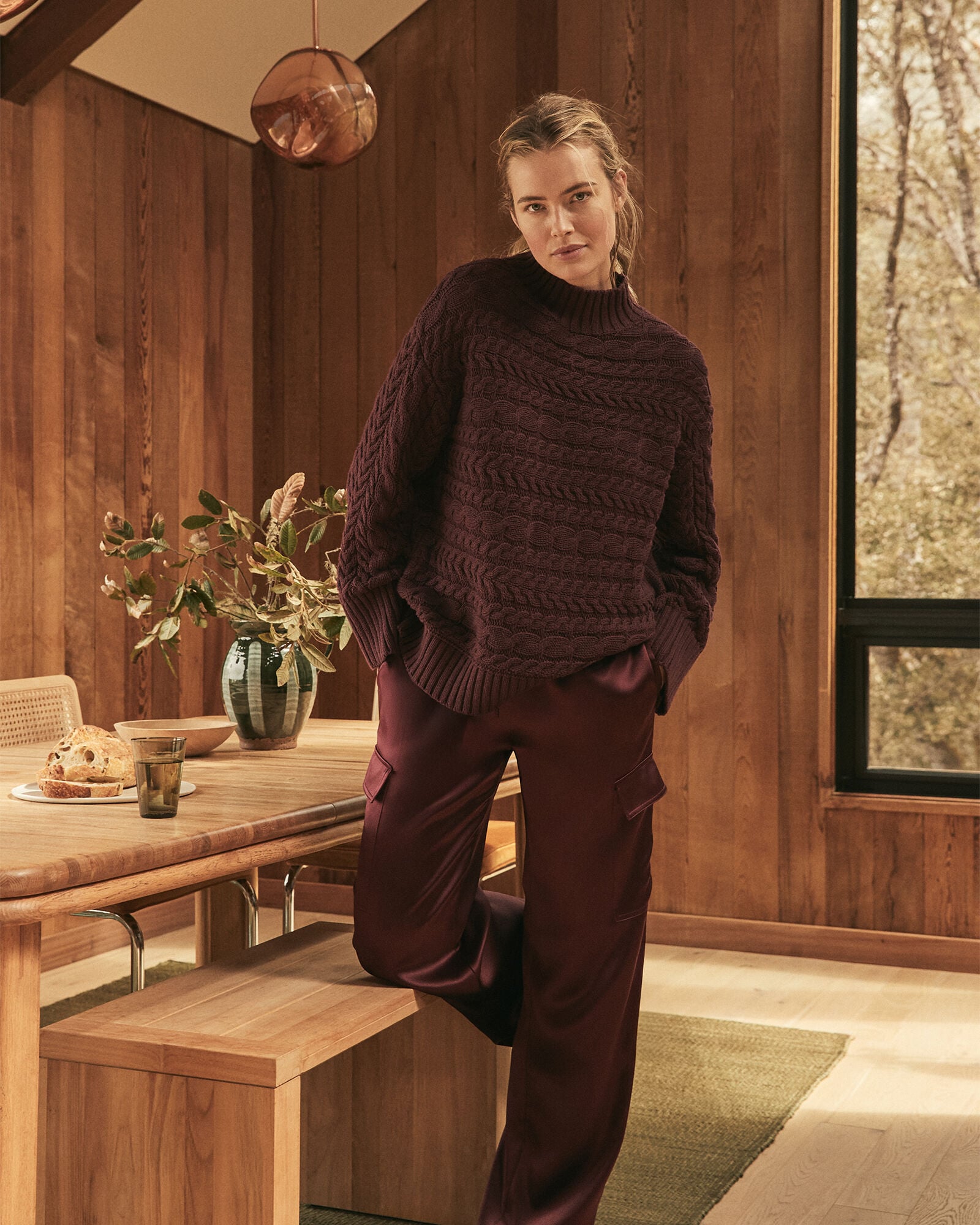 BURGUNDY BERRY|IVORY ORGANIC COTTON HORIZONTAL CABLE FUNNEL NECK SWEATER | Talbots online