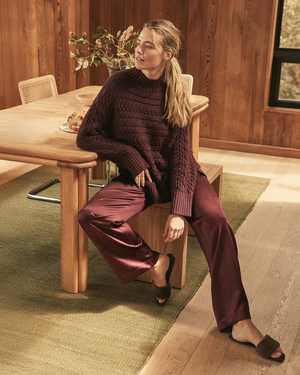 BURGUNDY BERRY|IVORY ORGANIC COTTON HORIZONTAL CABLE FUNNEL NECK SWEATER | Talbots online