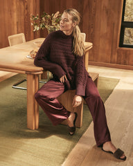 BURGUNDY BERRY|IVORY ORGANIC COTTON HORIZONTAL CABLE FUNNEL NECK SWEATER | Talbots online
