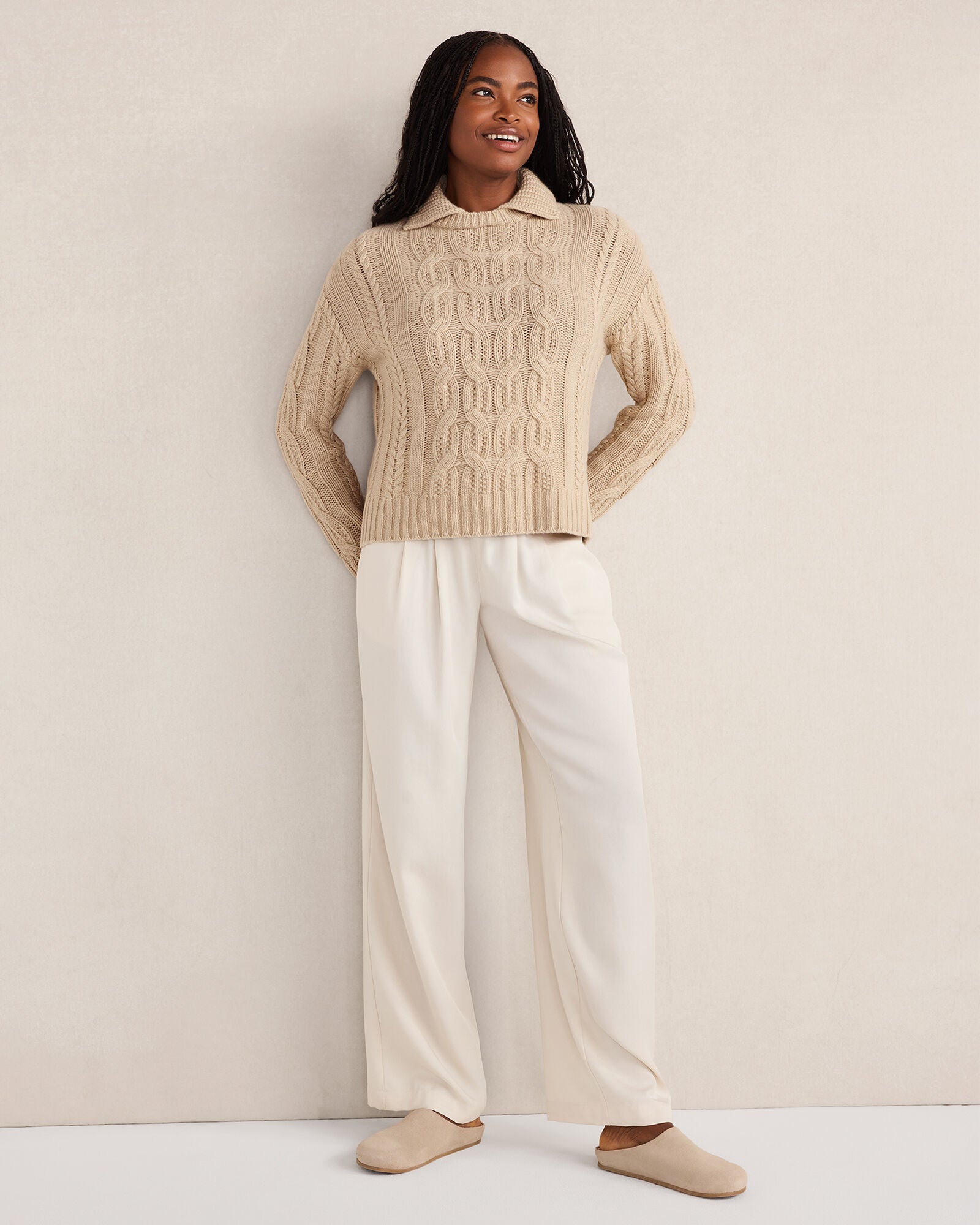 BLACKCURRANT HTHR|MEDIUM GREY HTHR|PIGNOLI HTHR|RADICCHIO HTHR CASHMERE CABLE COLLARED SWEATER | Talbots US