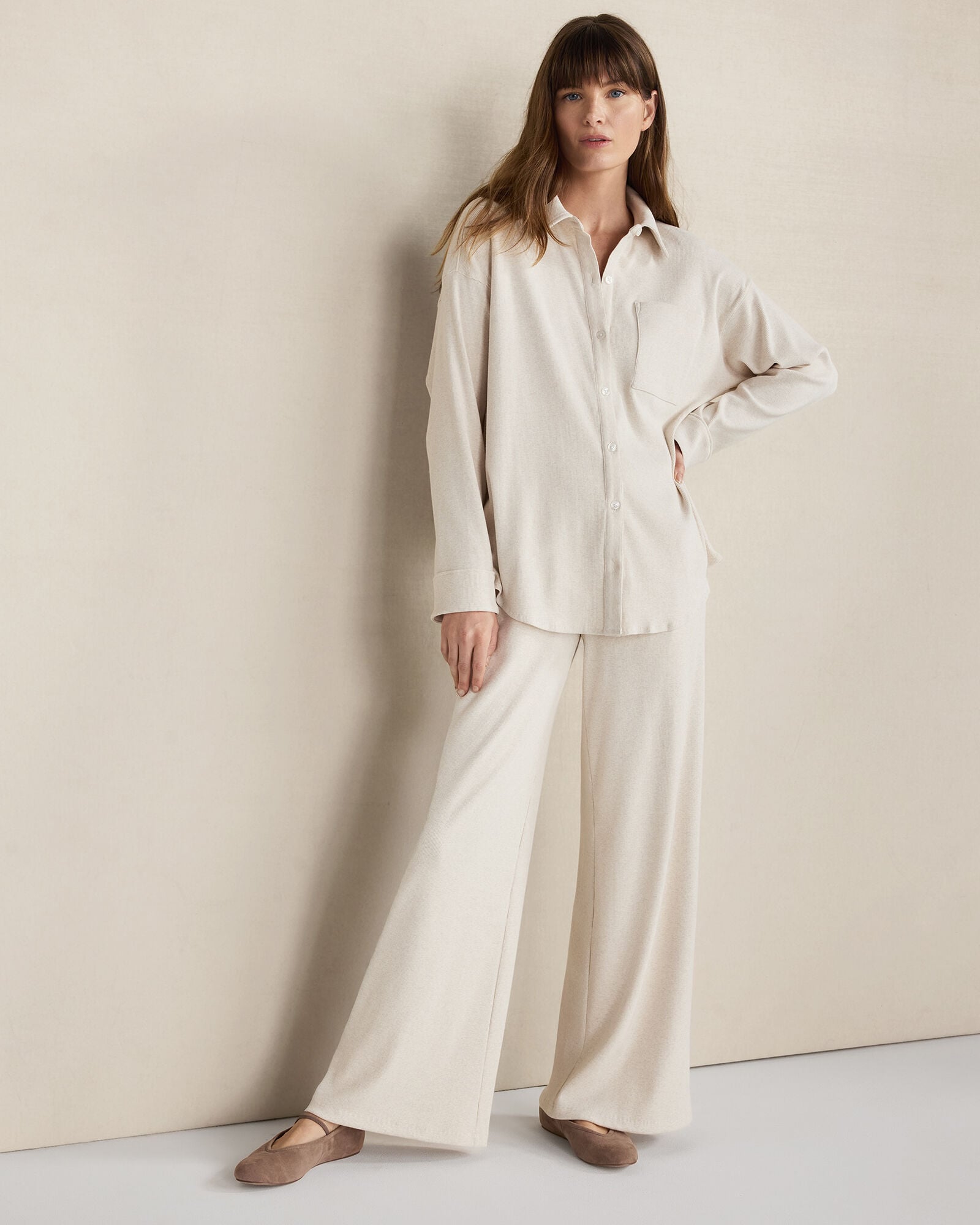 ENOKI HTHR|TWILIGHT HTHR ORGANIC COTTON RIB KNIT RELAXED BUTTON DOWN TOP | Talbots US