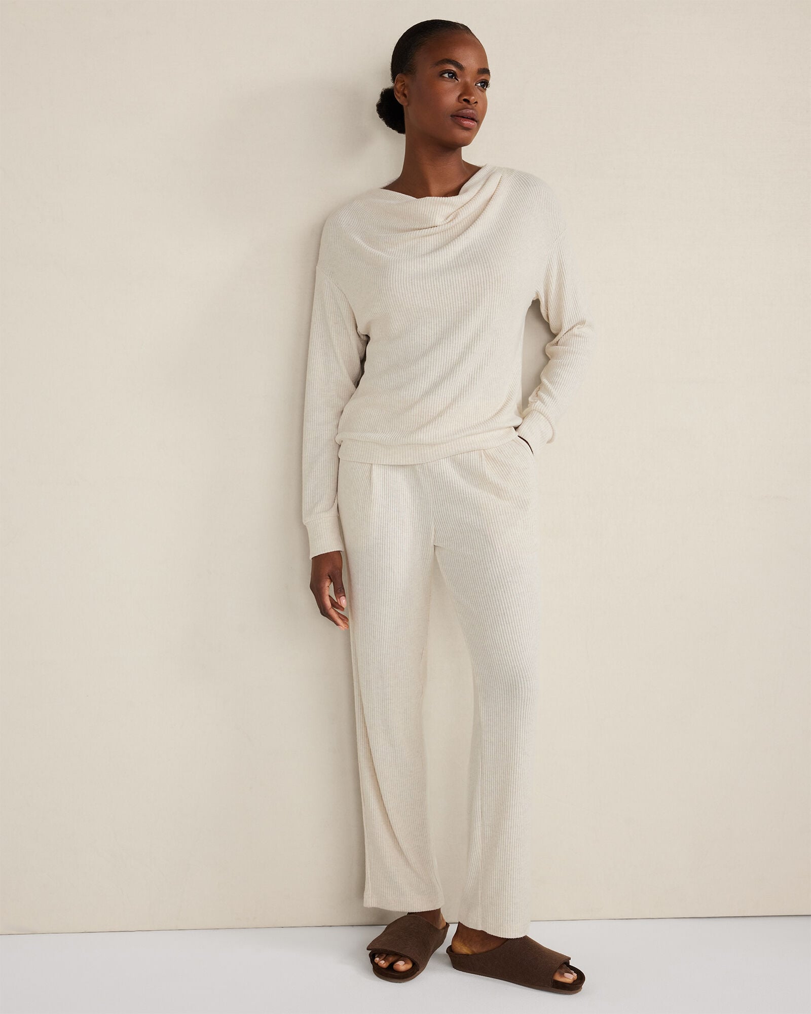DRIFTWOOD|ENOKI HTHR BRUSHED RIB KNIT DRAPE NECK TOP | Talbots US