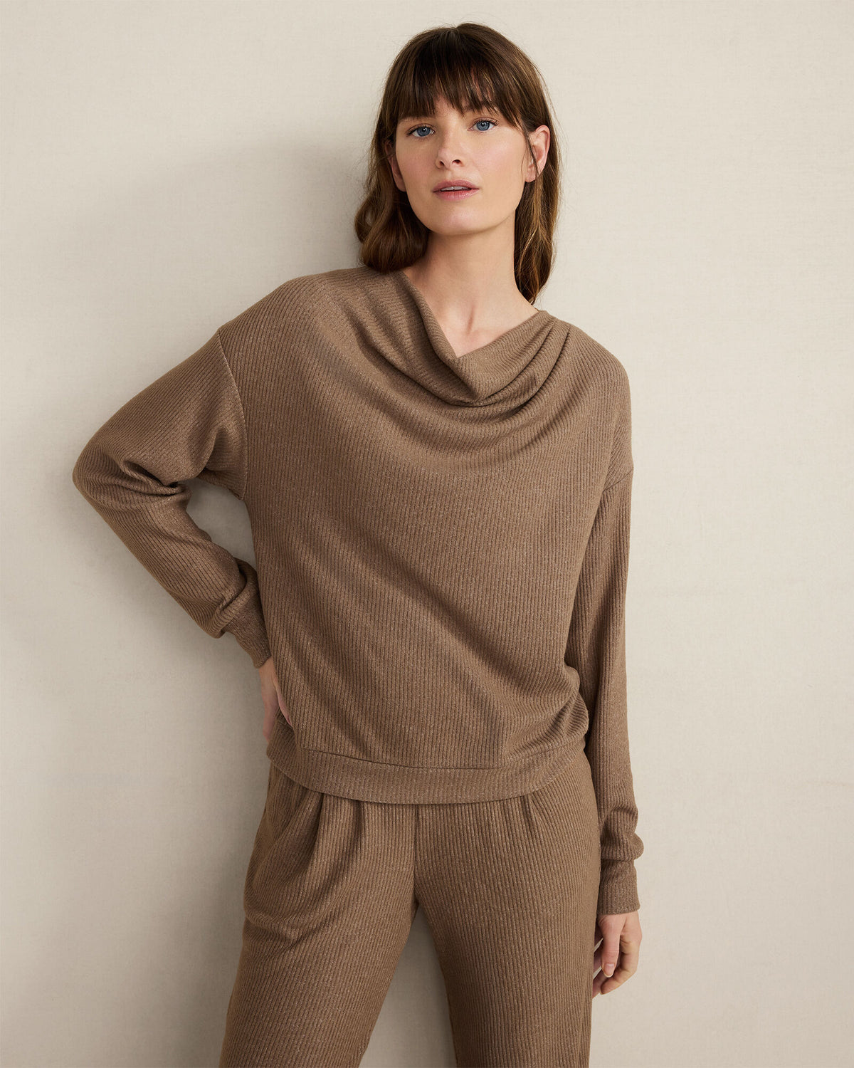 DRIFTWOOD|ENOKI HTHR BRUSHED RIB KNIT DRAPE NECK TOP | Talbots US