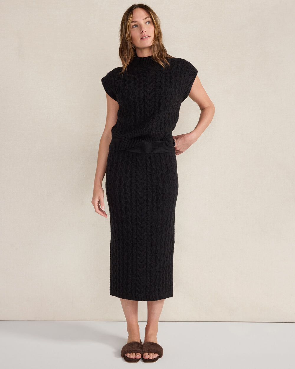 BLACK|IVORY ORGANIC COTTON BLEND CABLE MIDI SKIRT | Talbots near me