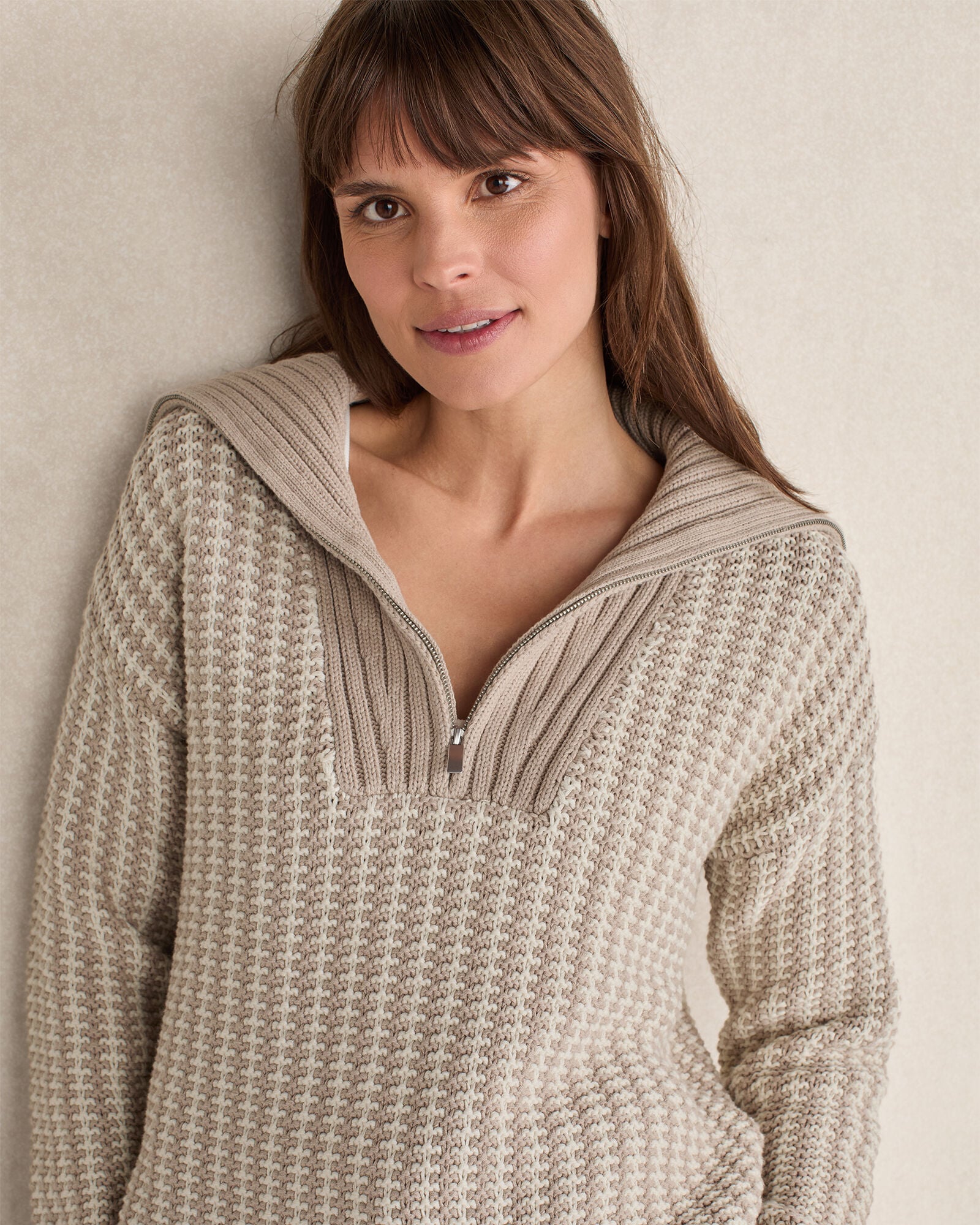 TULE FOG/FULL MOON COTTON BLEND CONTRAST STITCH HALF ZIP SWEATER | Talbots on sale
