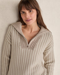 TULE FOG/FULL MOON COTTON BLEND CONTRAST STITCH HALF ZIP SWEATER | Talbots outlet