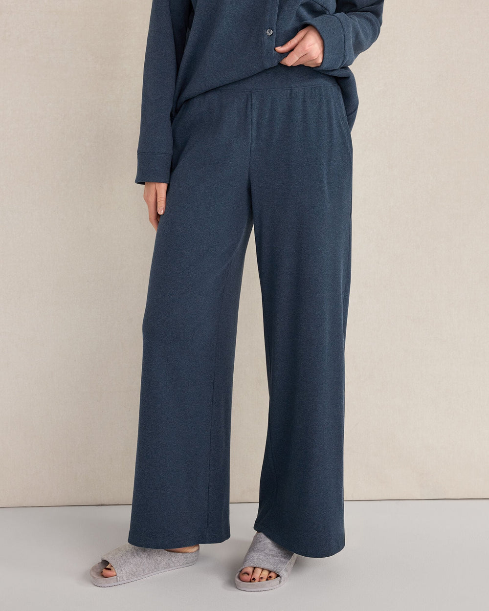 ENOKI HTHR|TWILIGHT HTHR ORGANIC COTTON RIB KNIT RELAXED WIDE LEG PANTS | Talbots on sale
