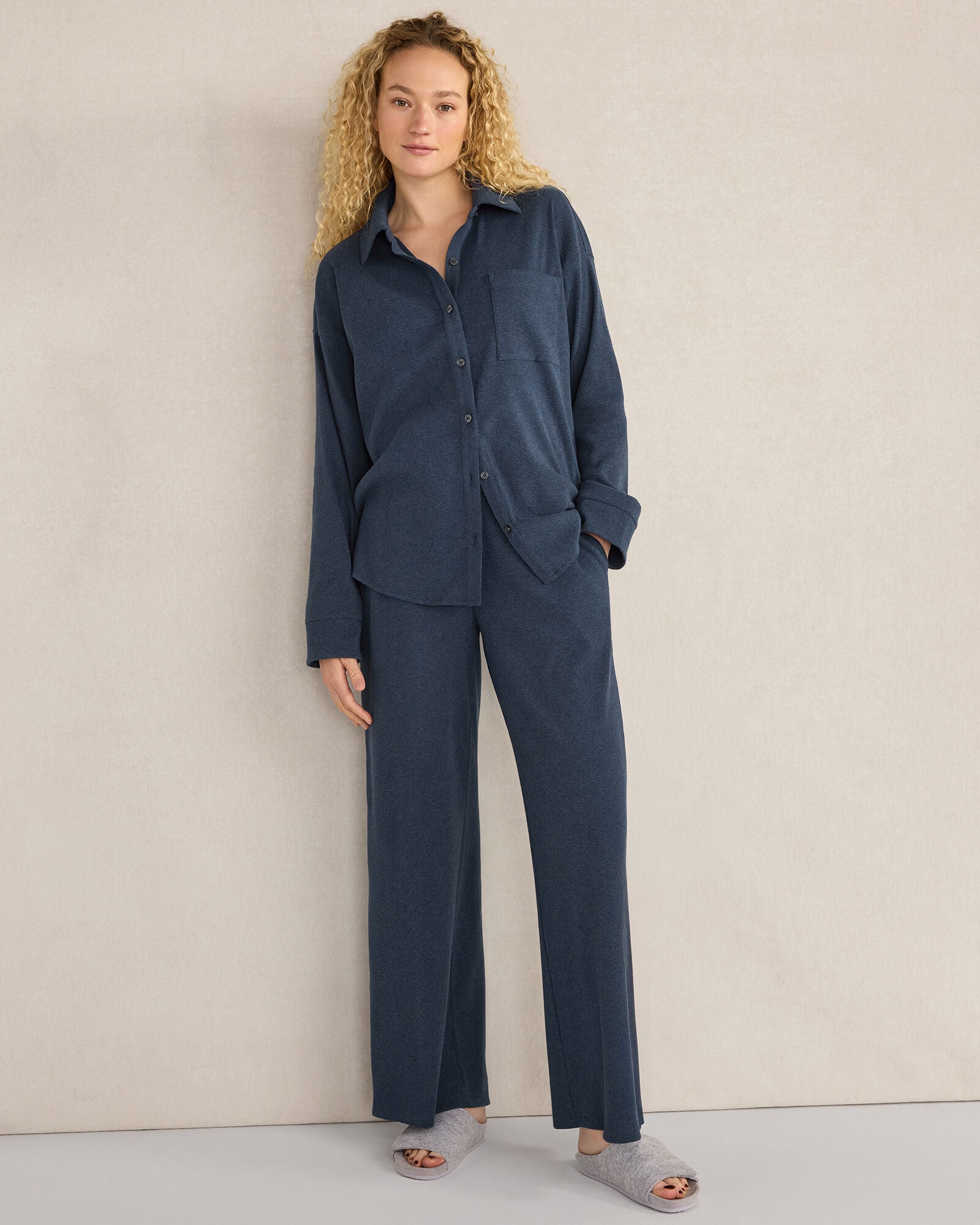 ENOKI HTHR|TWILIGHT HTHR ORGANIC COTTON RIB KNIT RELAXED WIDE LEG PANTS | Talbots for sale