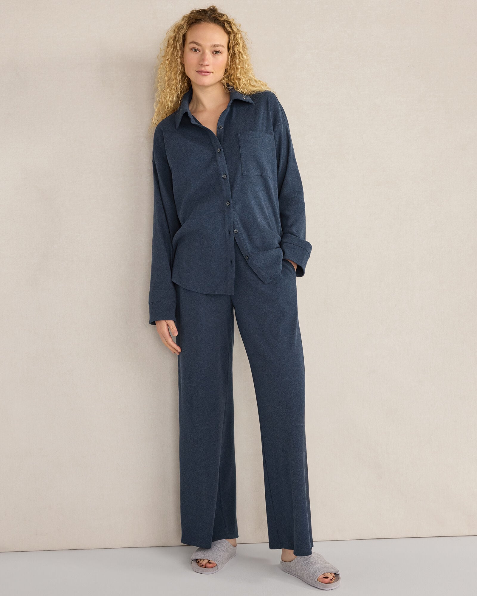 ENOKI HTHR|TWILIGHT HTHR ORGANIC COTTON RIB KNIT RELAXED WIDE LEG PANTS | Talbots on sale